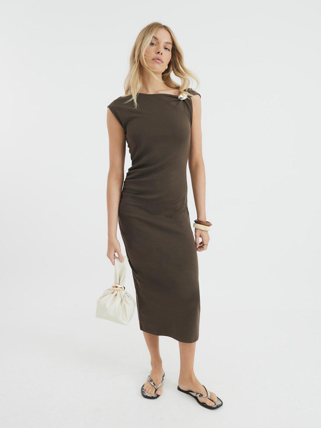 undefined Short Sleeve Drape Trim Midi Dress - Brown