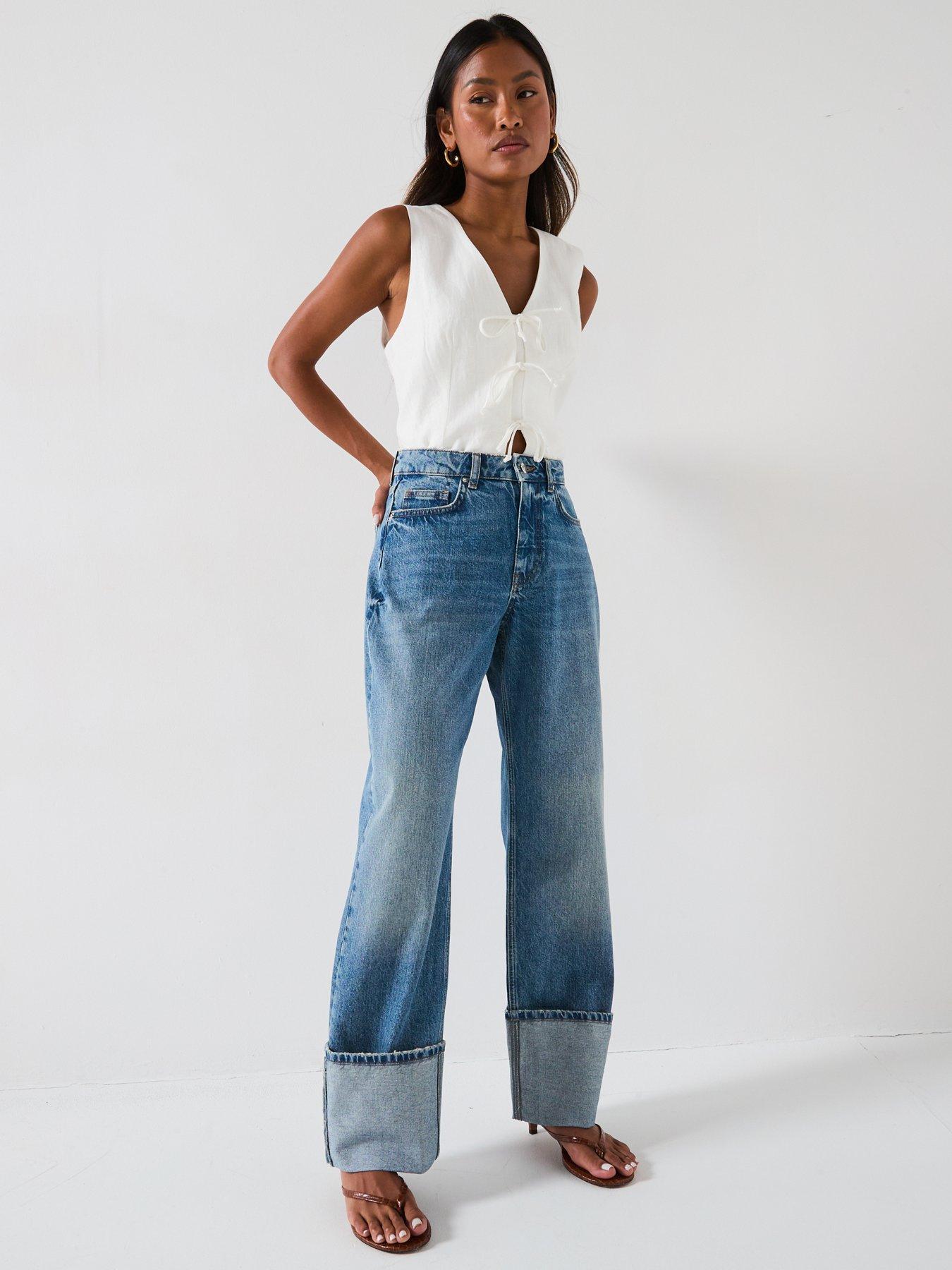 V by Very Deep Turn Up Hem Jeans - Mid Wash