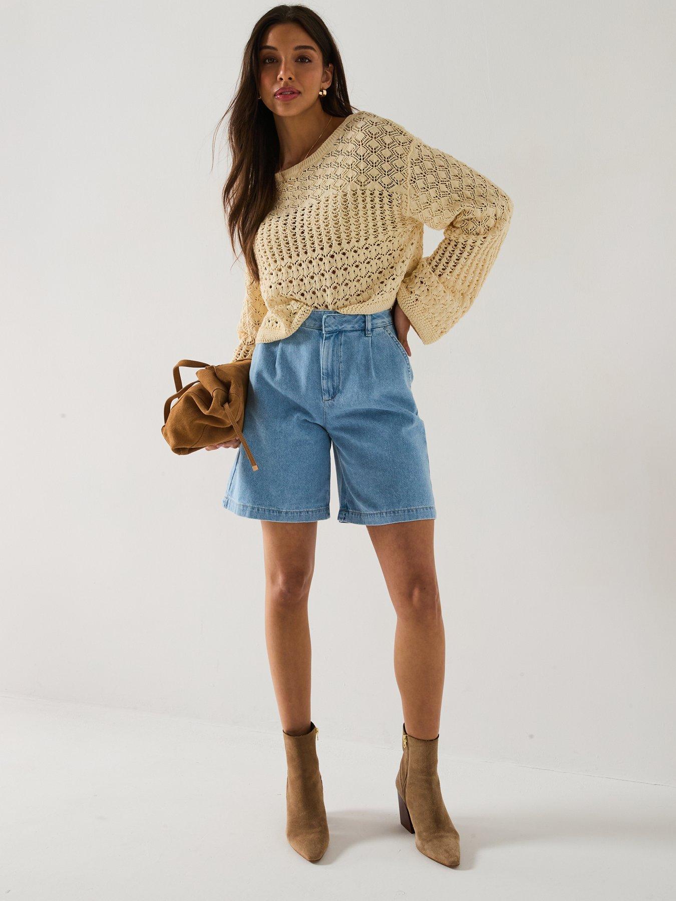 Image 3 of 6 of V by Very Soft Denim Pleat Shorts - Mid Wash