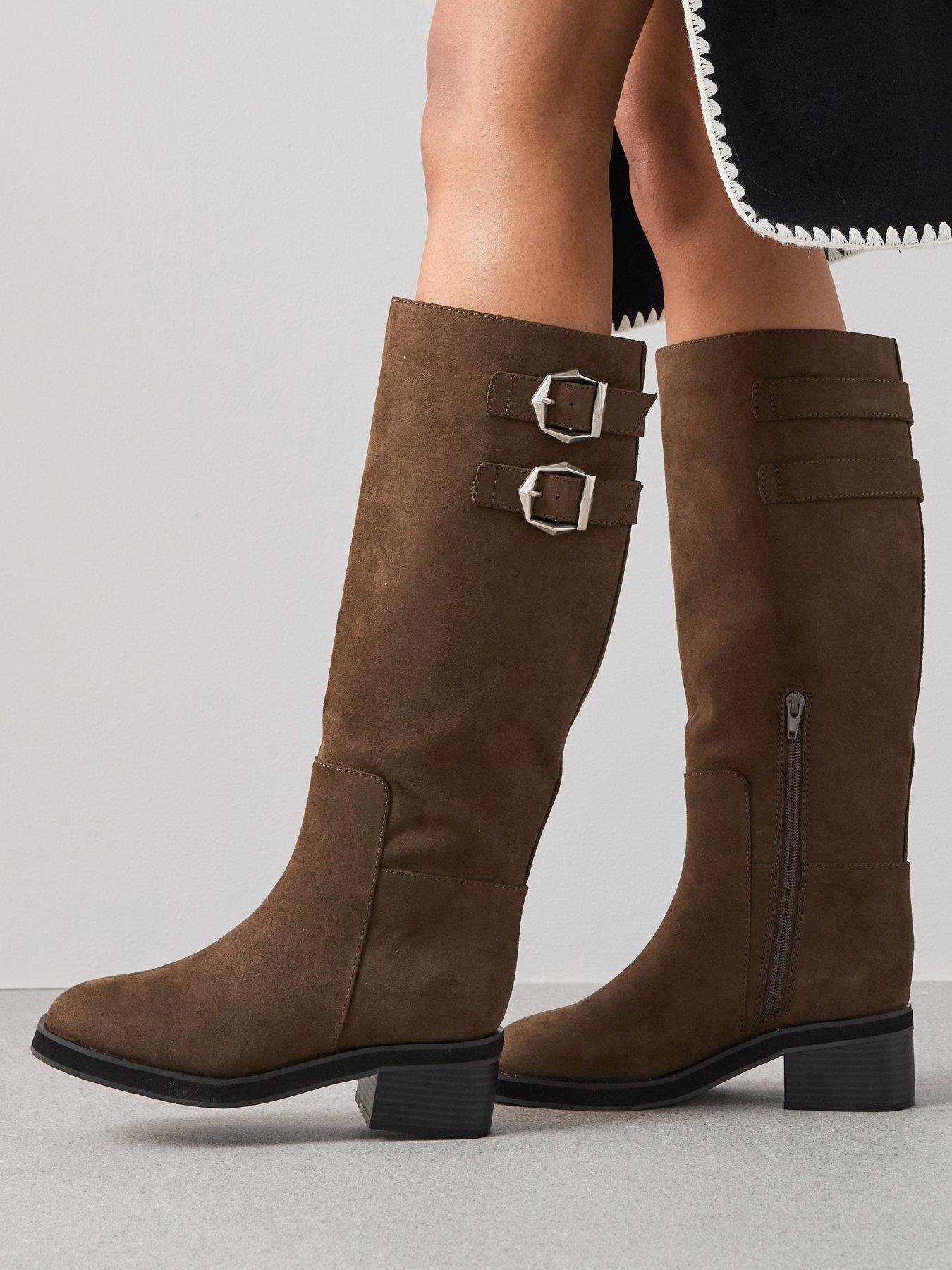 undefined Low Block Heel Knee Boot With Hardware - Khaki