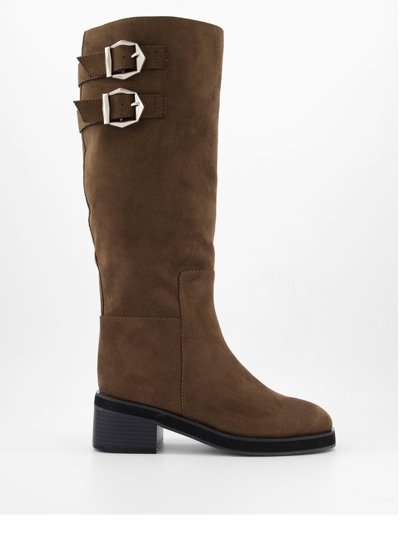 Image 2 of 7 of The Very Collection Low Block Heel Knee Boot With Buckles - Khaki