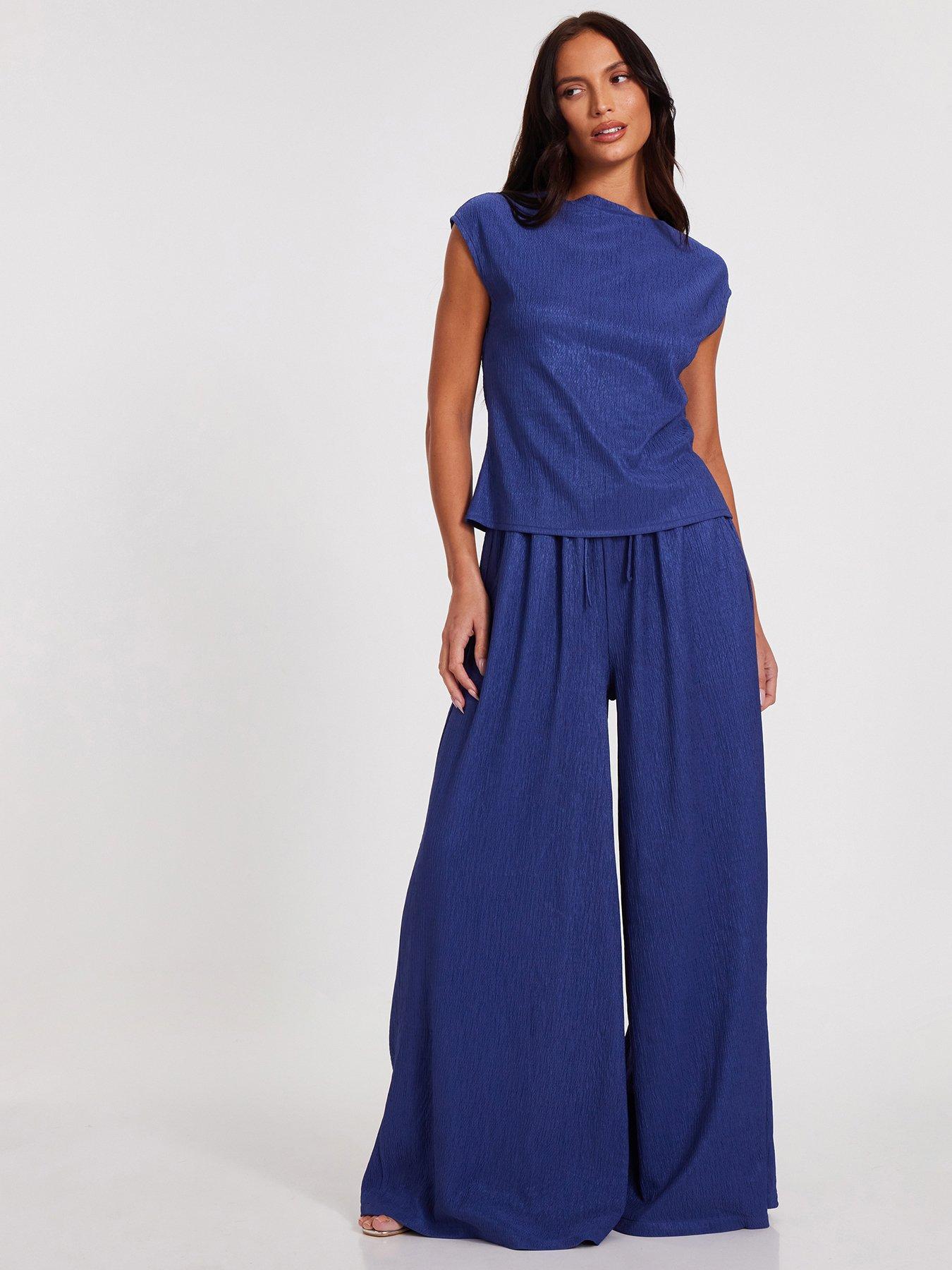 undefined Indigo Crinkle Satin Cowl Back Top