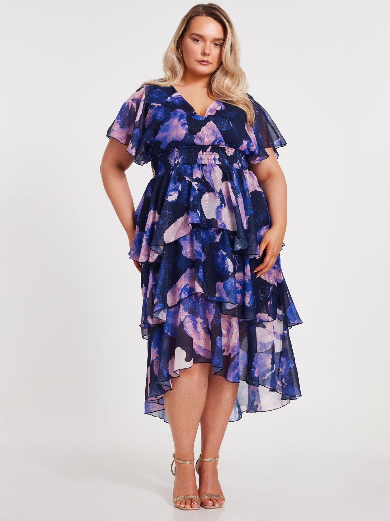 Image 1 of 6 of Quiz Curve Navy Dip Hem Tiered Midi Dress