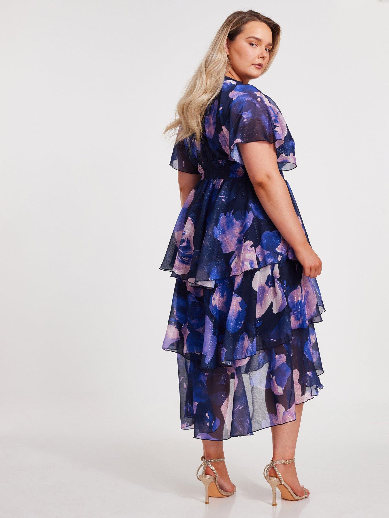 Image 2 of 6 of Quiz Curve Navy Dip Hem Tiered Midi Dress