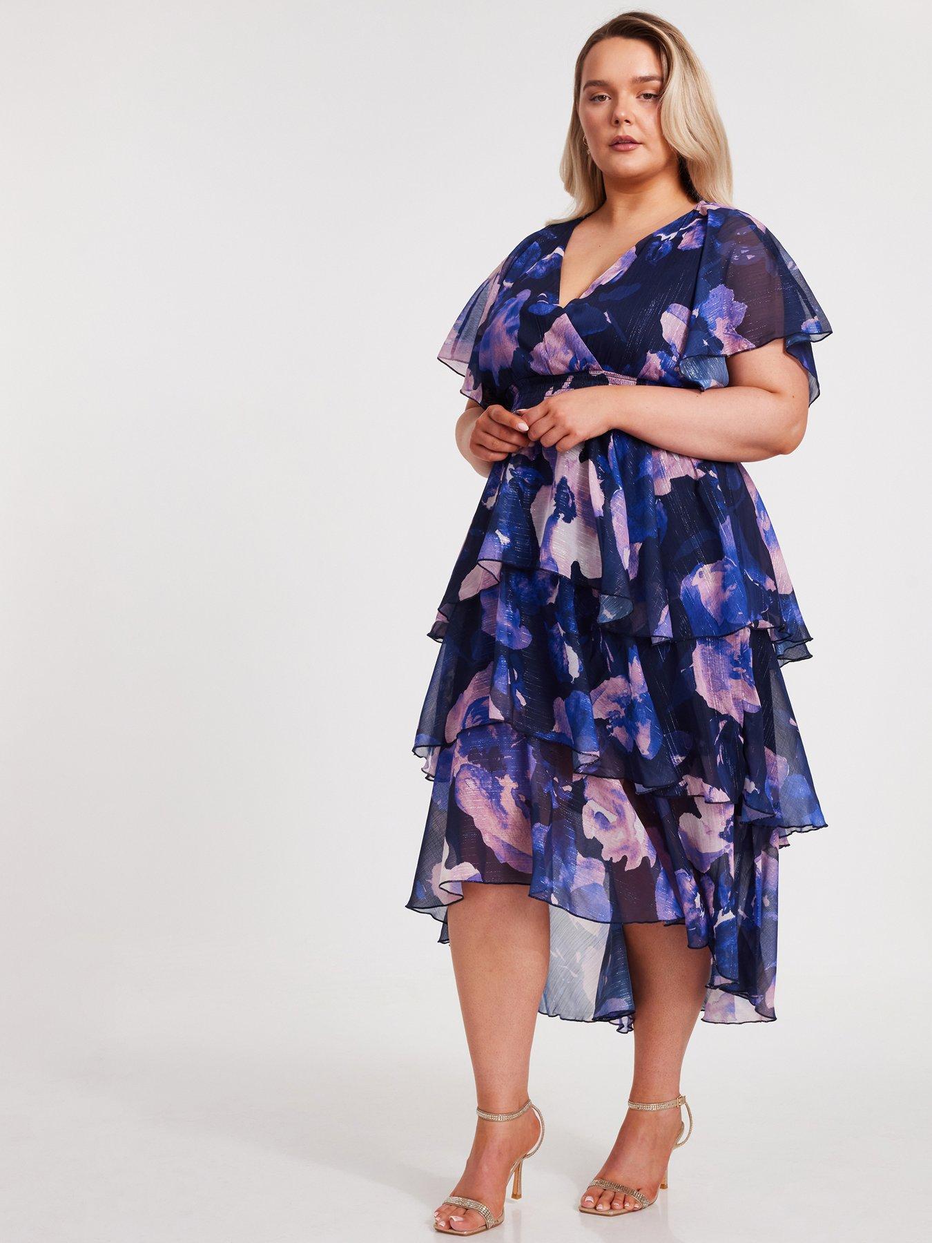 Image 3 of 6 of Quiz Curve Navy Dip Hem Tiered Midi Dress