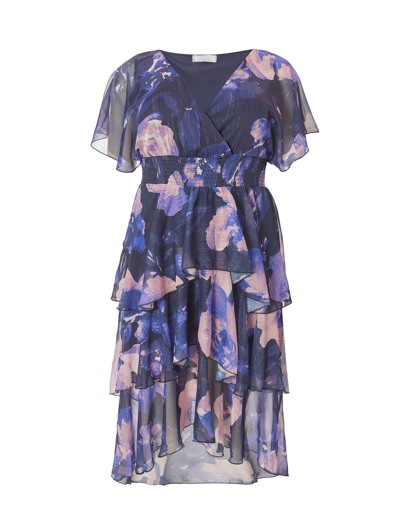 Image 4 of 6 of Quiz Curve Navy Dip Hem Tiered Midi Dress