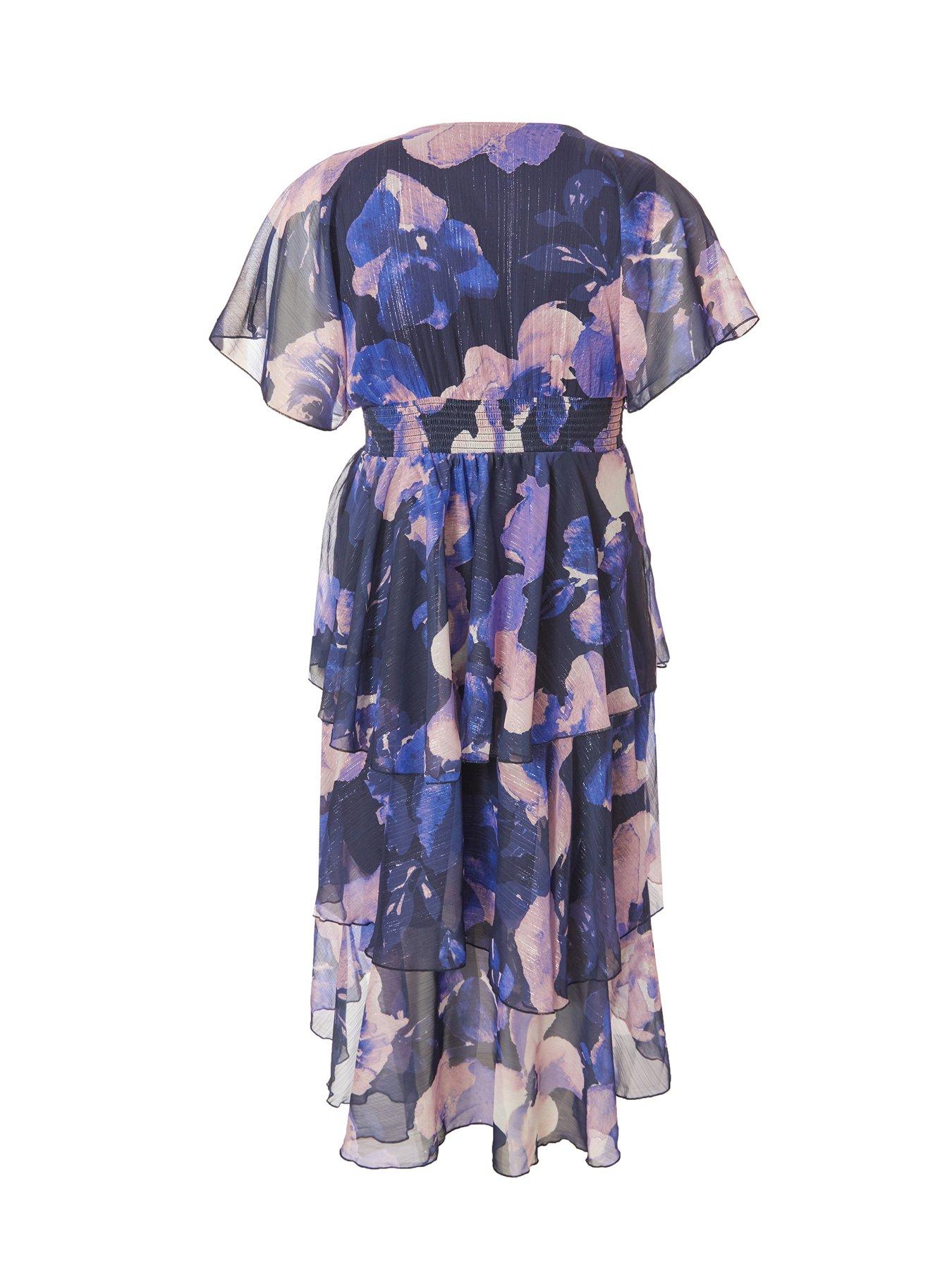 Image 5 of 6 of Quiz Curve Navy Dip Hem Tiered Midi Dress