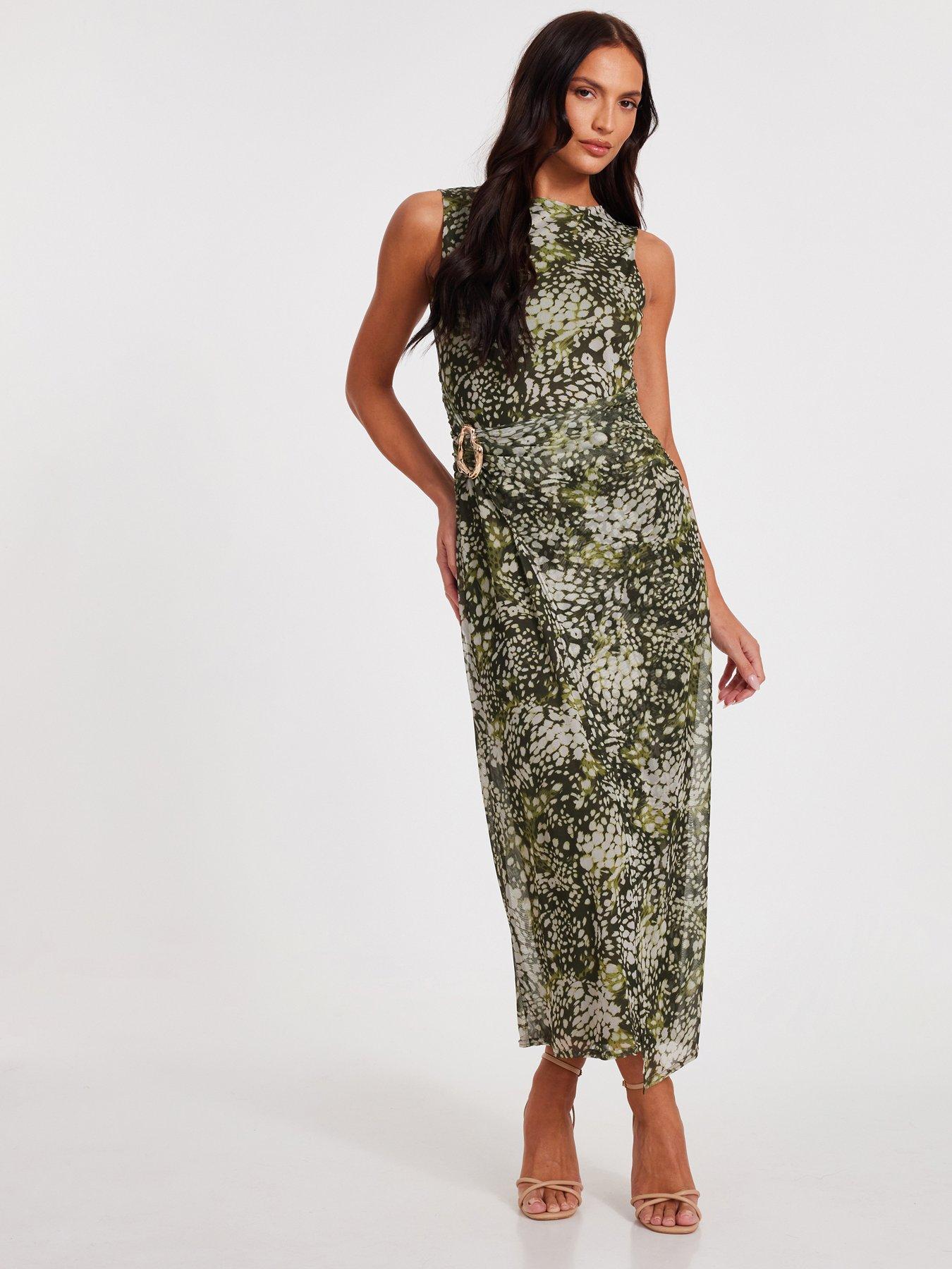 undefined Khaki Mesh Animal Print Midaxi Dress