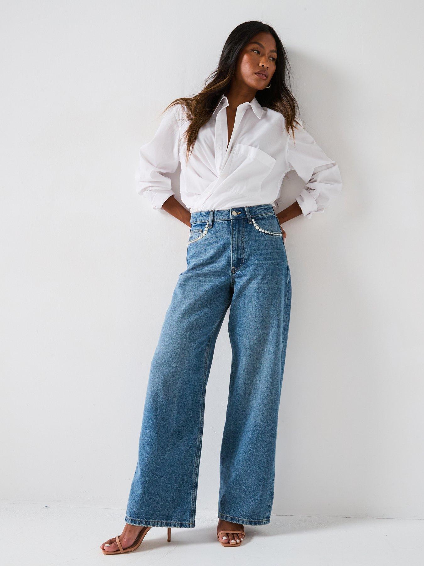 undefined Pearl Trim Wide Leg Jeans - Mid Wash