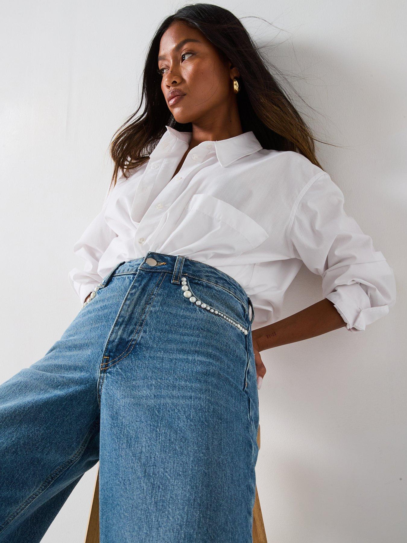 Image 5 of 6 of V by Very Pearl Trim Wide Leg Jeans - Mid Wash