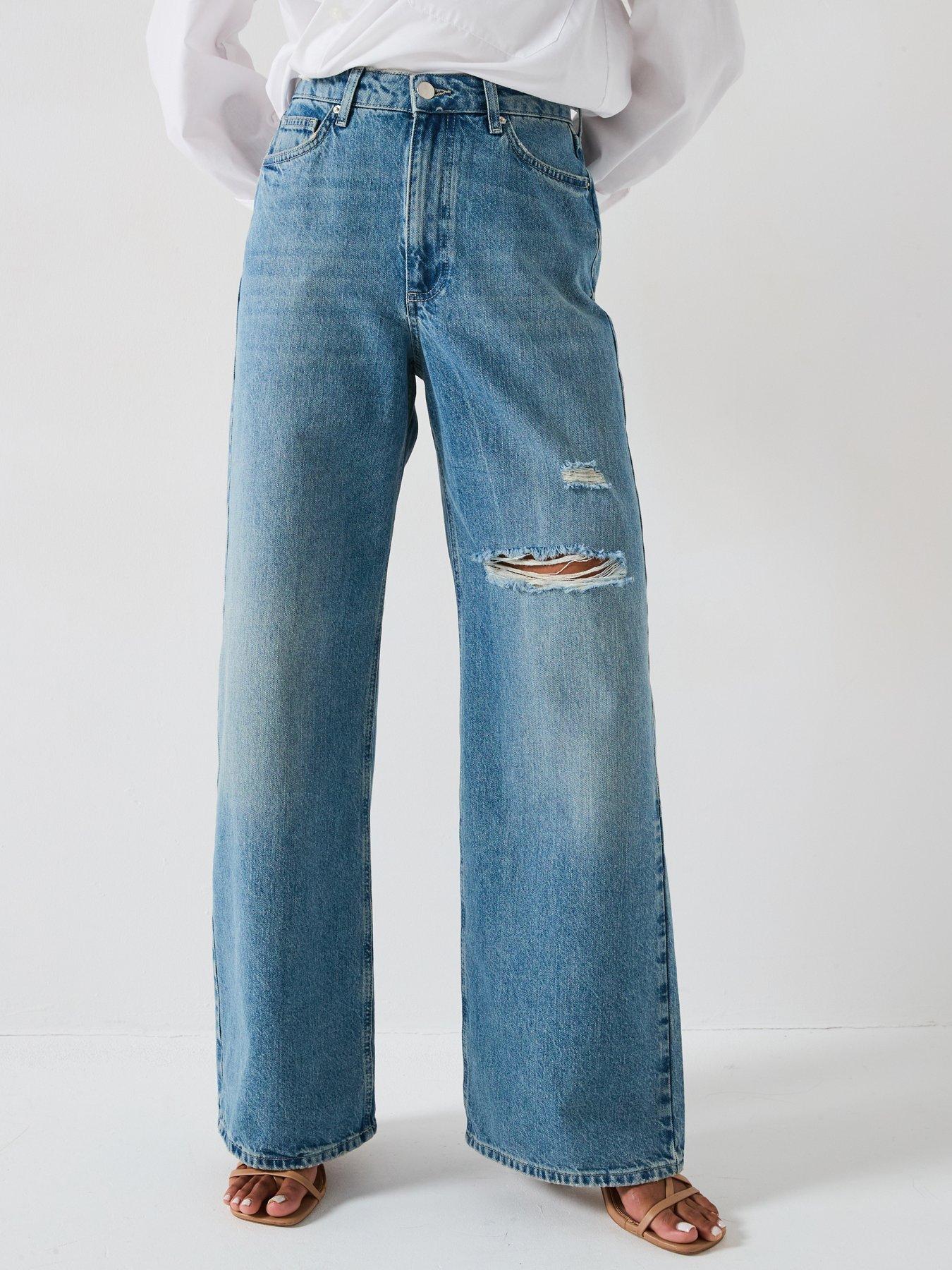undefined Wide Leg Jeans with Rips - Mid Wash