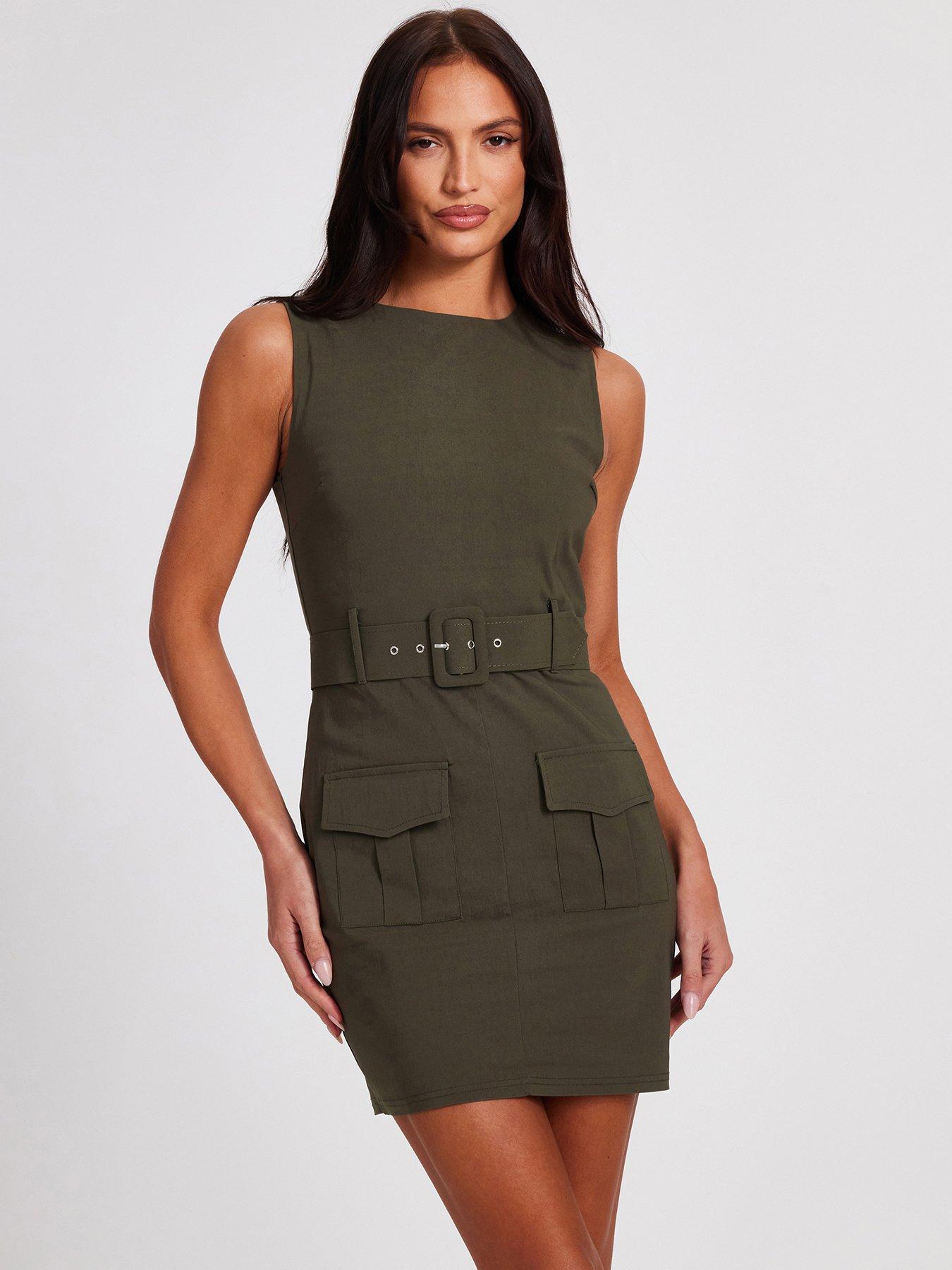 Image 1 of 6 of Quiz Khaki Utility Mini Dress