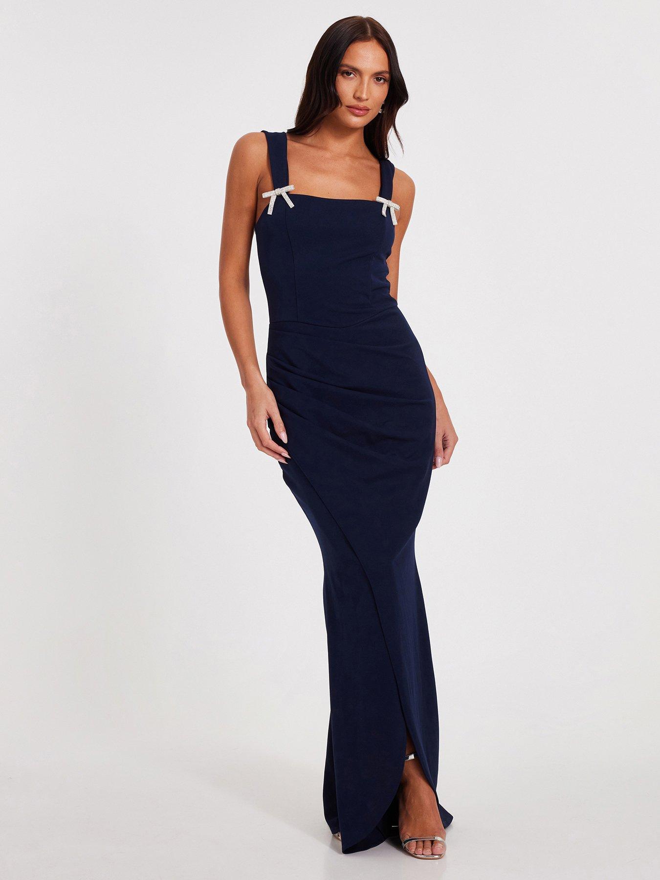 Image 1 of 6 of Quiz Navy Diamante Bow Maxi Dress