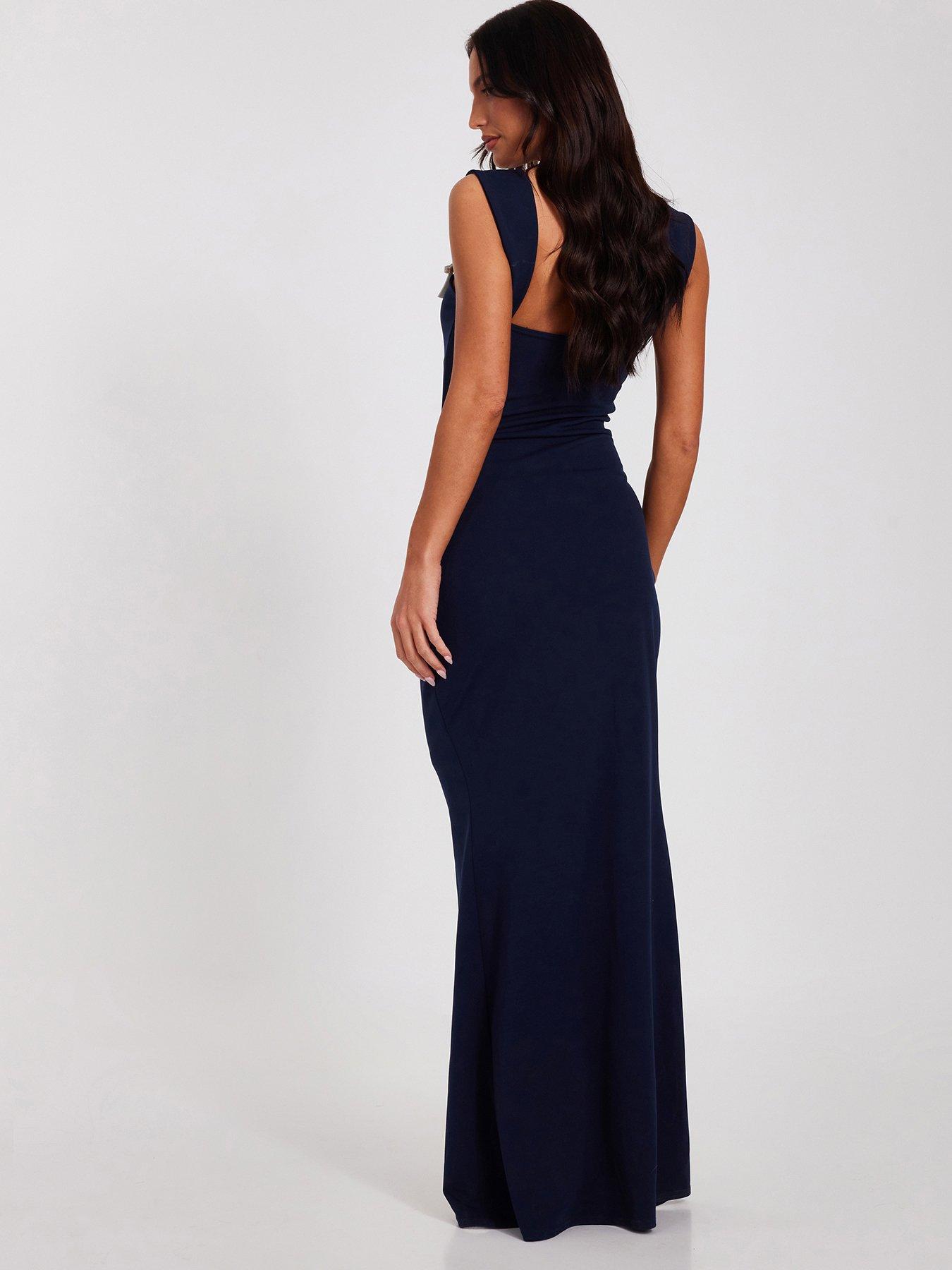 Image 2 of 6 of Quiz Navy Diamante Bow Maxi Dress