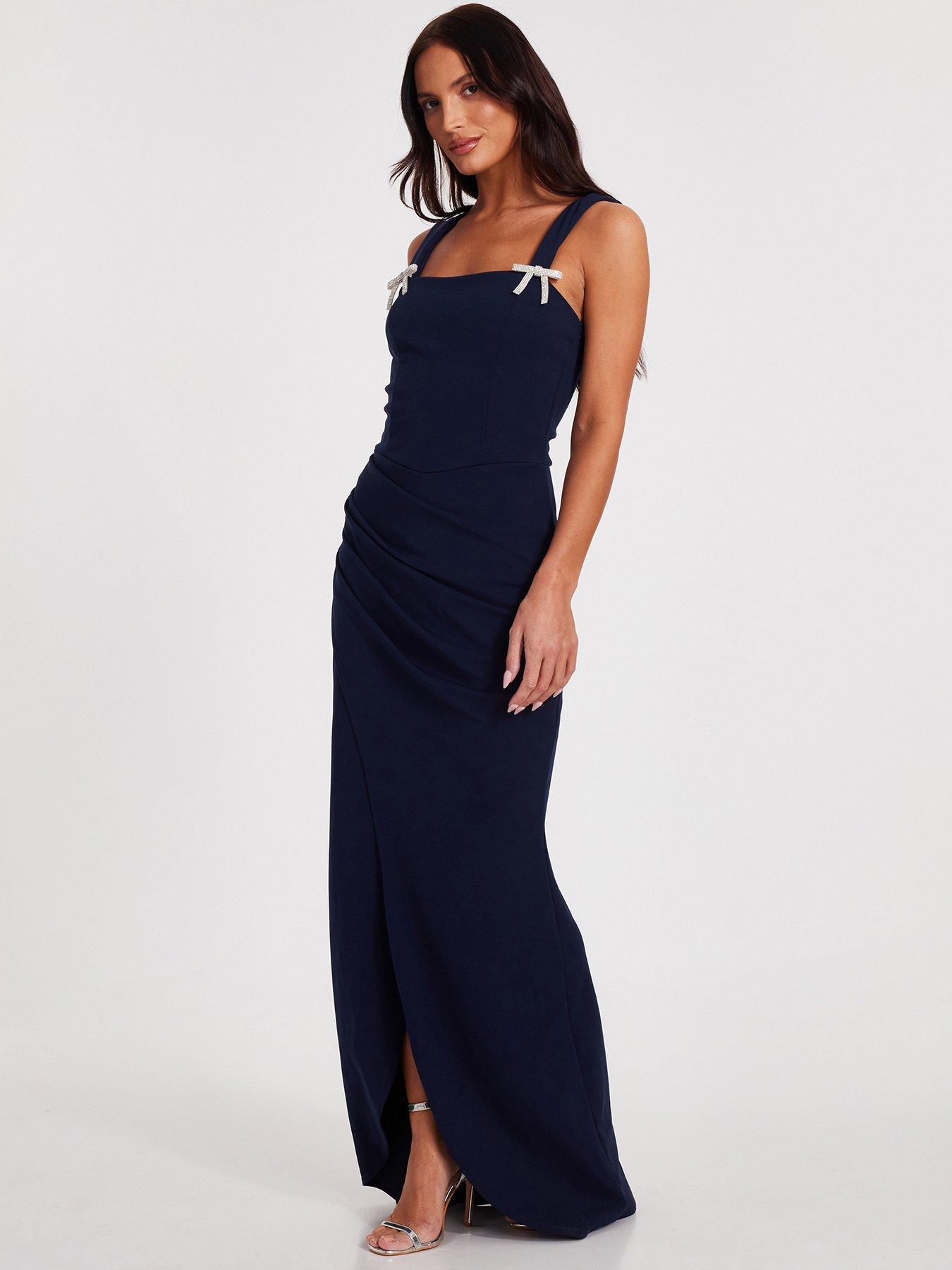 Image 3 of 6 of Quiz Navy Diamante Bow Maxi Dress