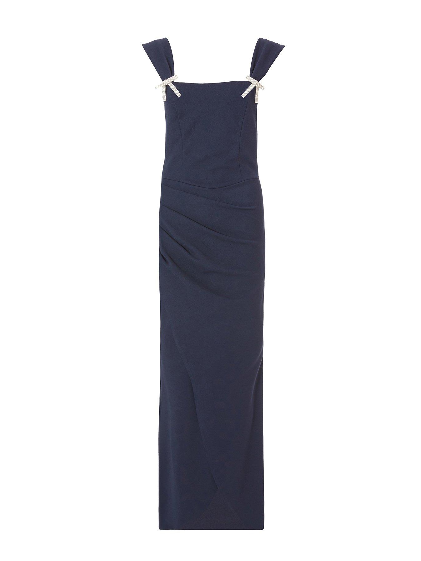 Image 4 of 6 of Quiz Navy Diamante Bow Maxi Dress
