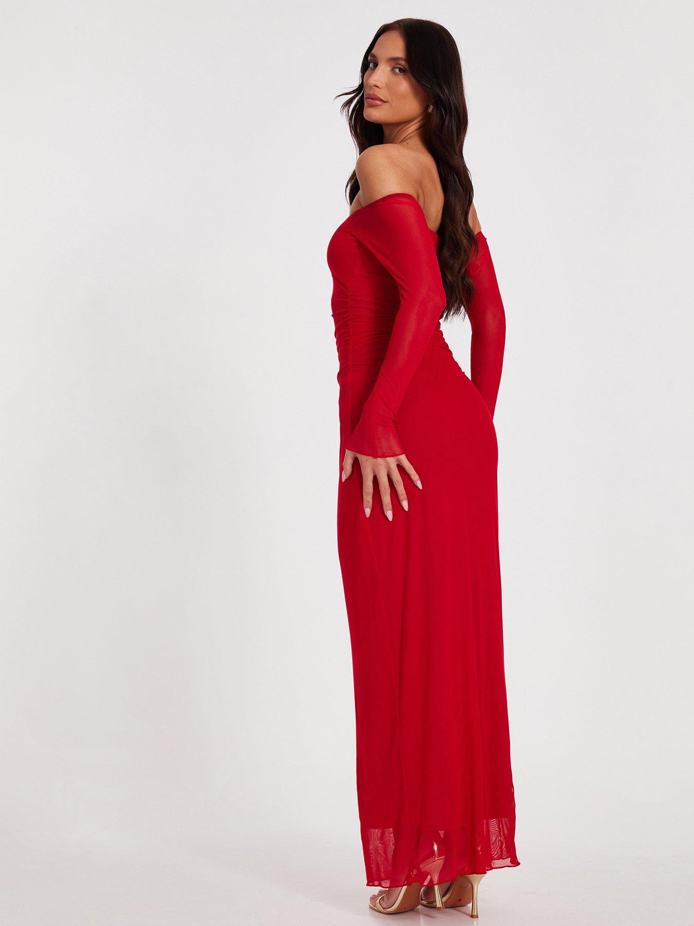 Image 2 of 6 of Quiz Red Bardot Mesh Midaxi Dress