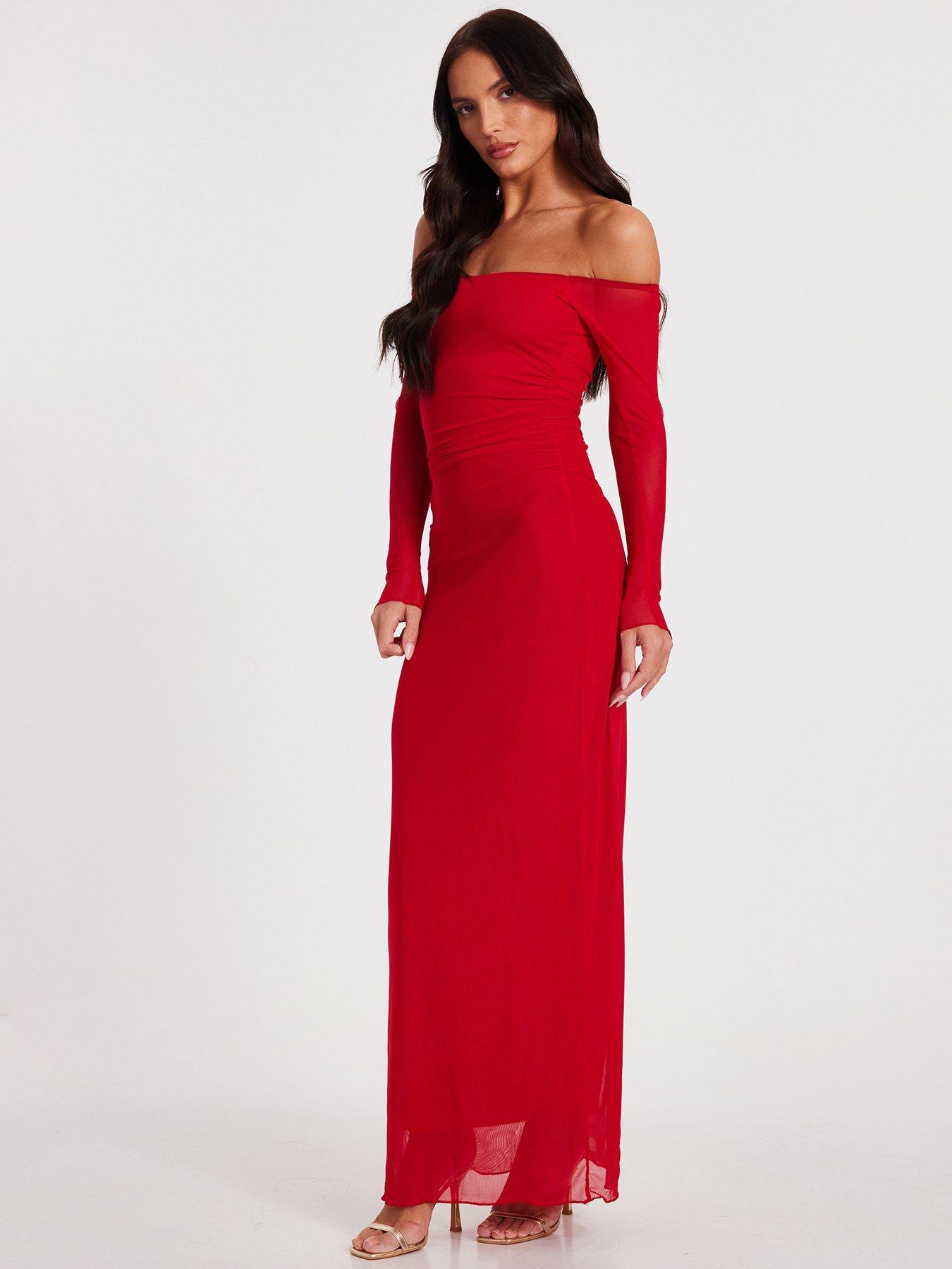 Image 3 of 6 of Quiz Red Bardot Mesh Midaxi Dress