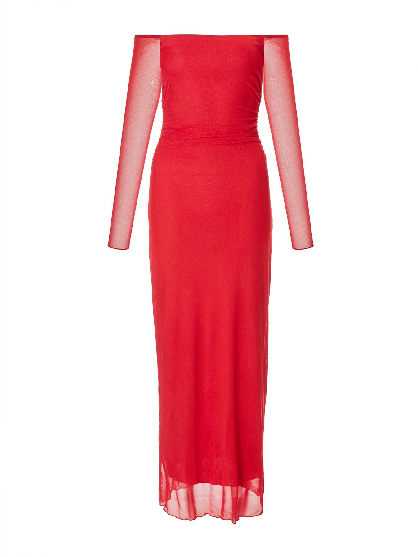 Image 4 of 6 of Quiz Red Bardot Mesh Midaxi Dress
