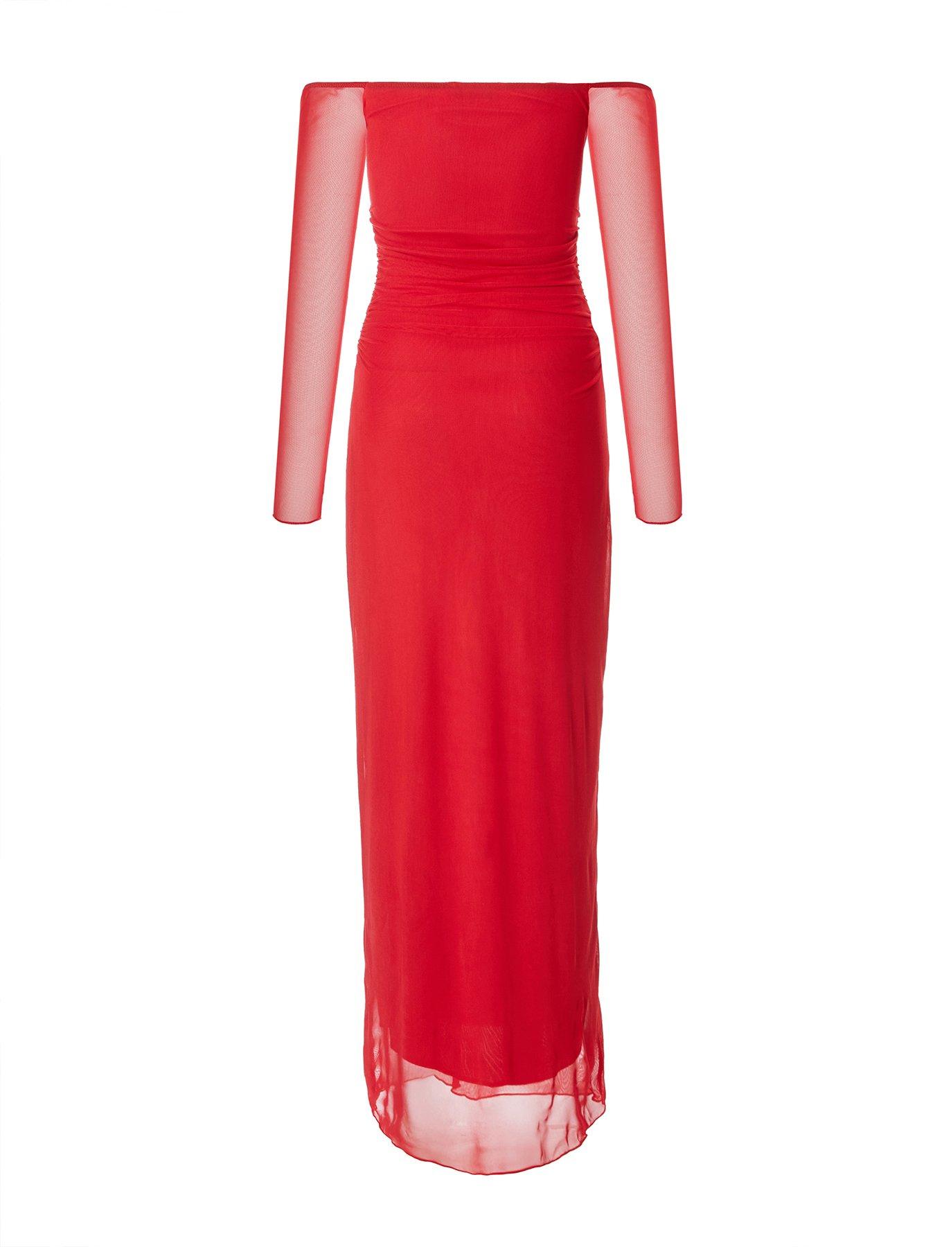 Image 5 of 6 of Quiz Red Bardot Mesh Midaxi Dress