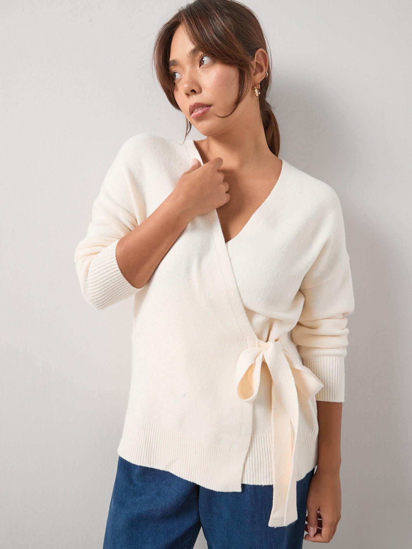 V by Very Curve Cosy Yarn Longline Wrap Jumper With Wool - Beige