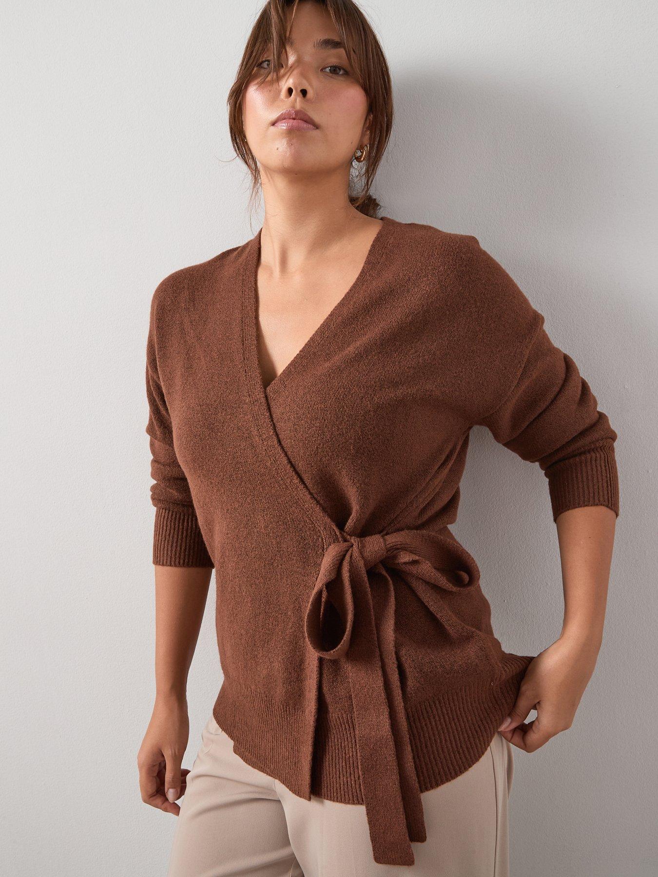 V by Very Curve Cosy Yarn Longline Wrap Jumper With Wool - Brown