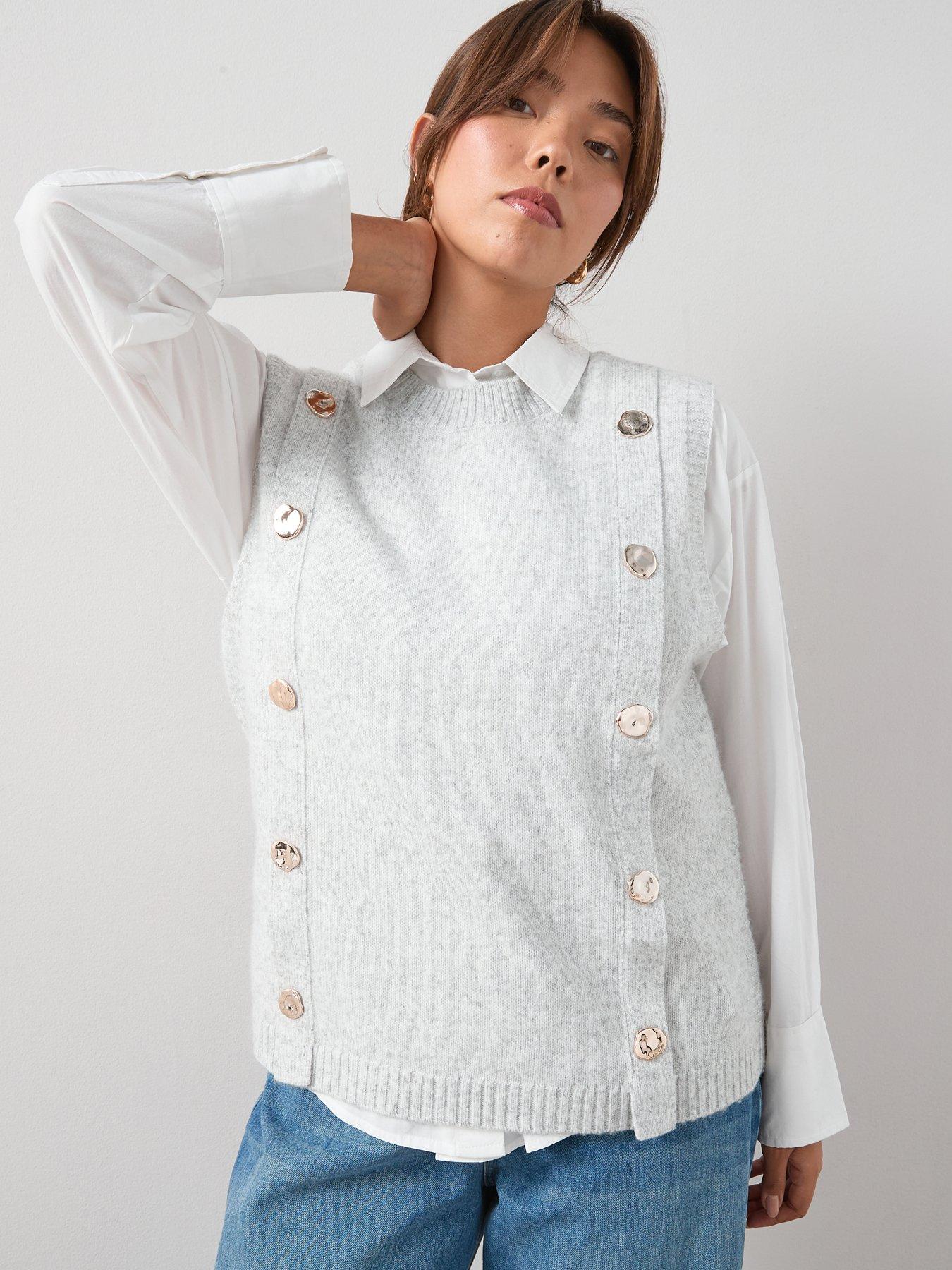 V by Very Curve Timeless Yarn Sleeveless Button Detail Vest - Grey
