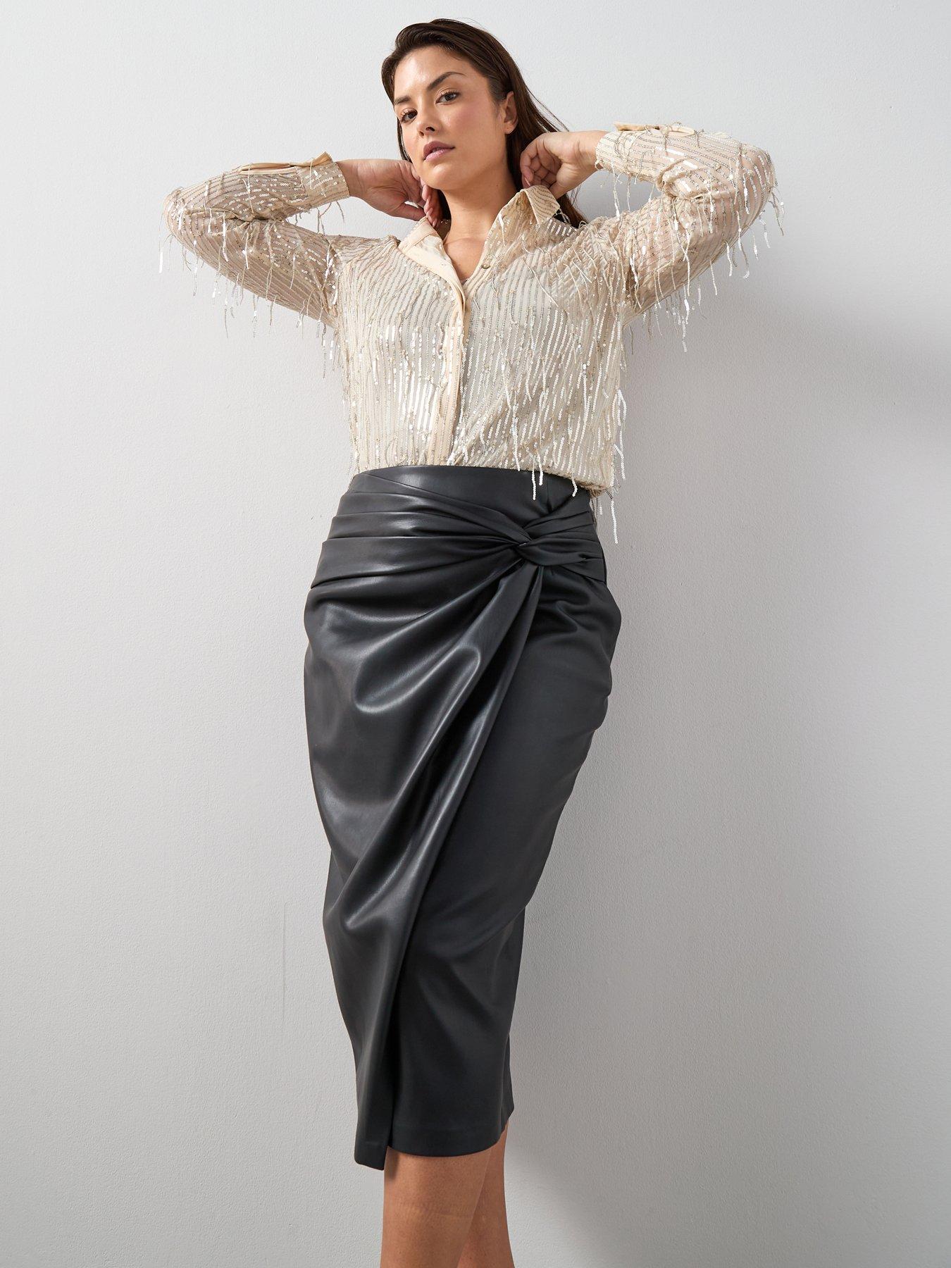 Image 1 of 6 of The Very Collection Curve Wrap Pu Midi Skirt - Black