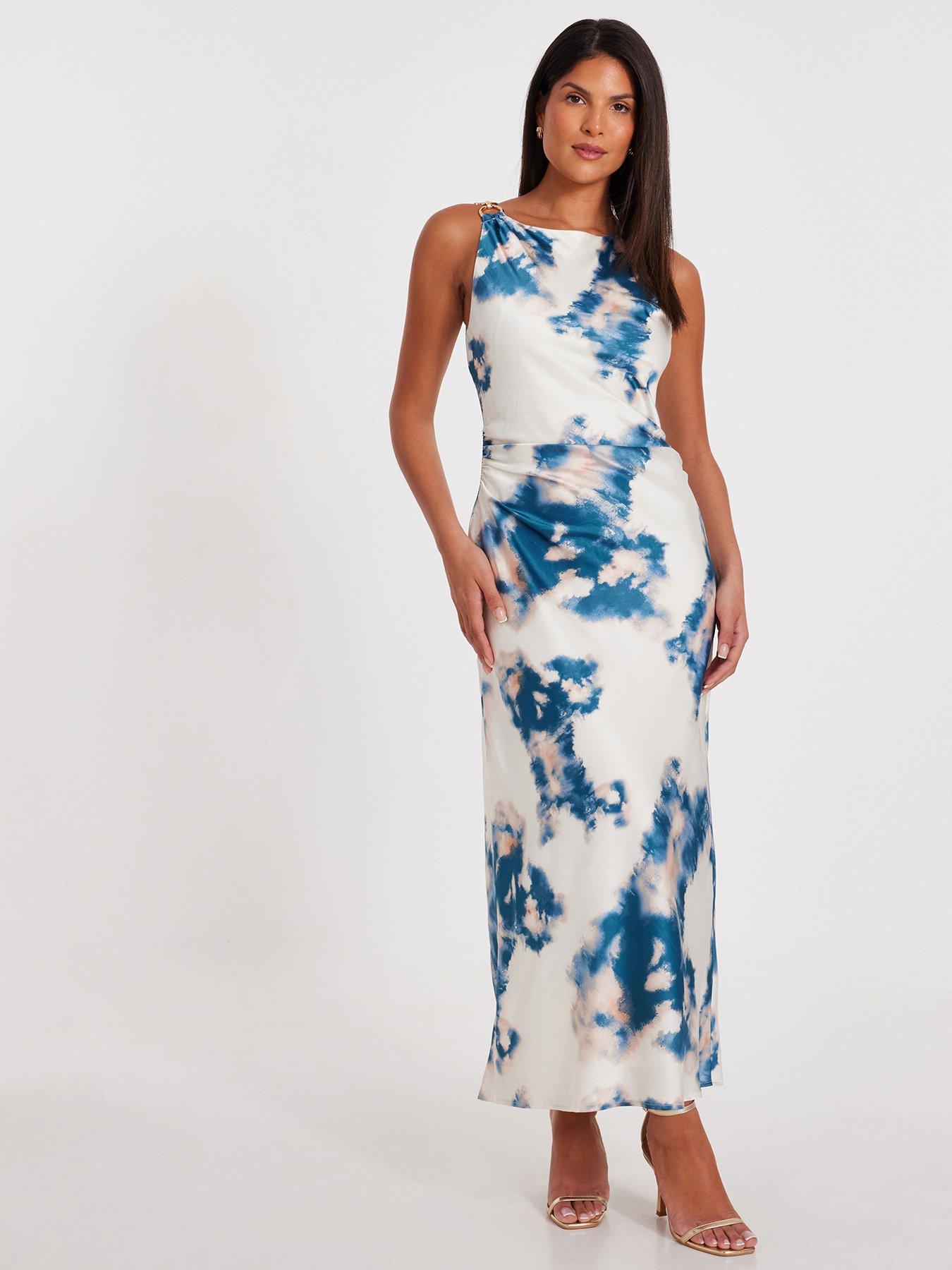 Image 1 of 6 of Quiz Blue Marble Satin Midaxi Dress