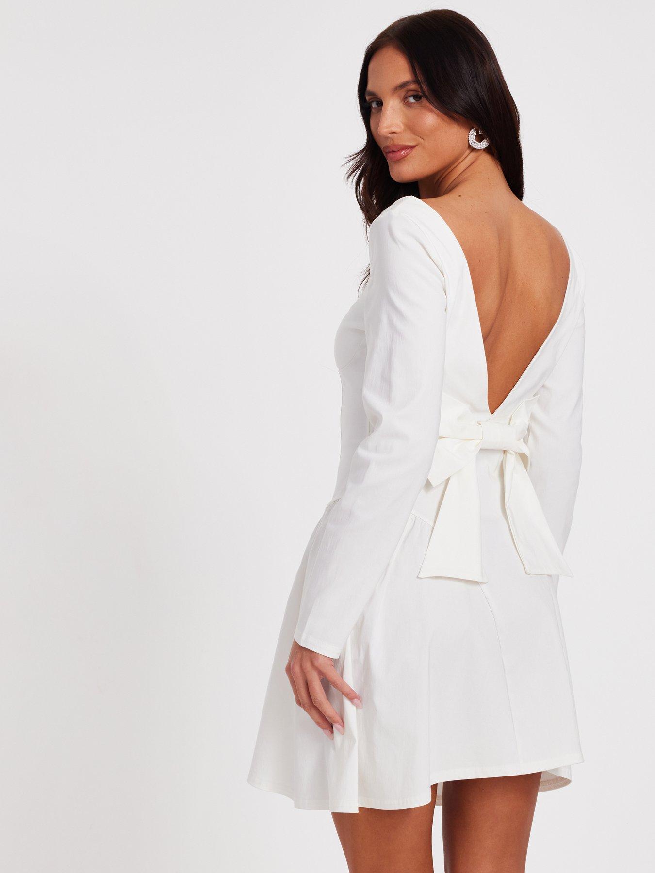 white bow back detail skater dress Women's Premium White Organza Bust Bow Detail Skater Dress