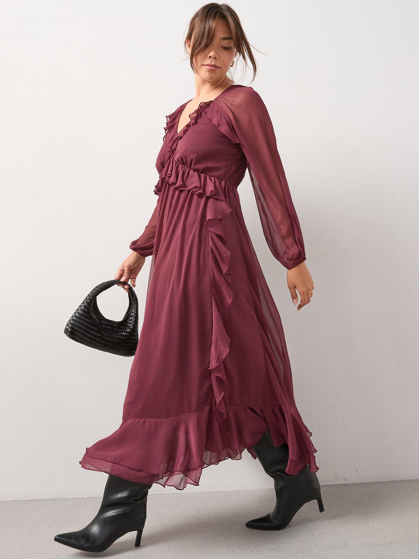 Image 1 of 7 of V by Very Curve Ruffle Detail Midaxi Dress - Red