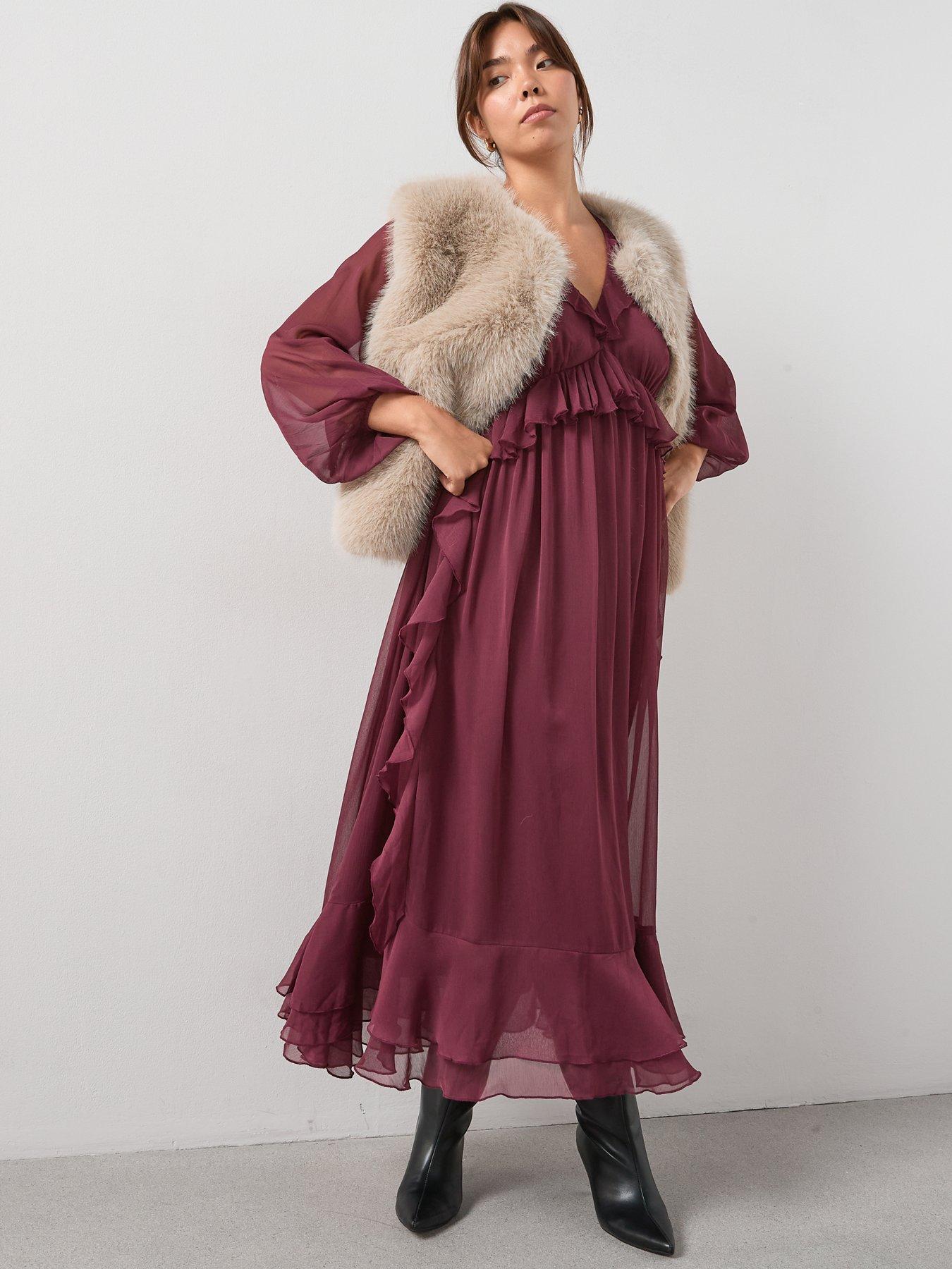 Image 3 of 7 of V by Very Curve Ruffle Detail Midaxi Dress - Red