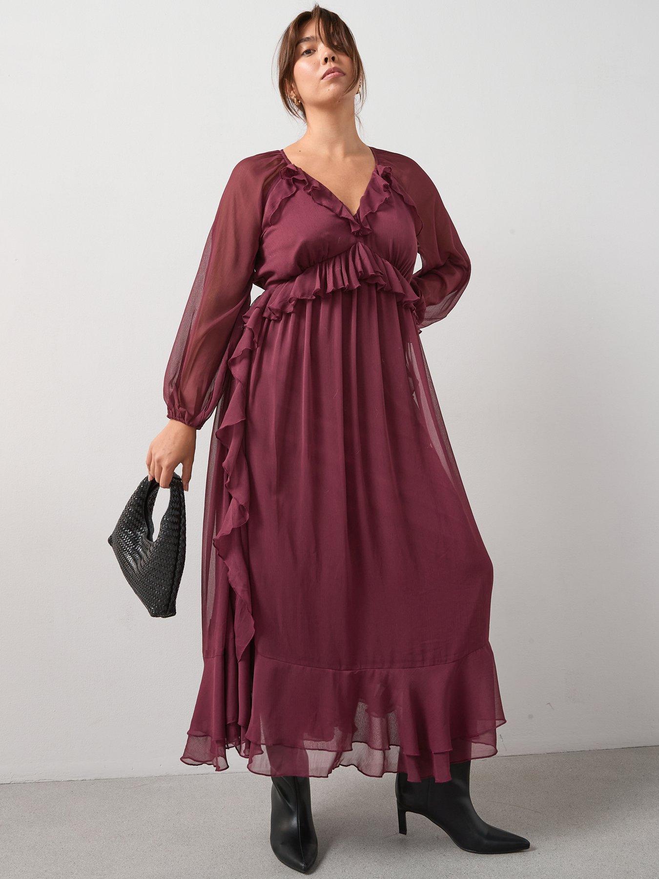 Image 4 of 7 of V by Very Curve Ruffle Detail Midaxi Dress - Red