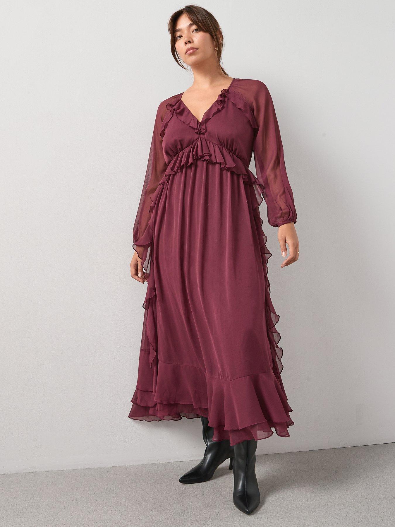 Image 6 of 7 of V by Very Curve Ruffle Detail Midaxi Dress - Red