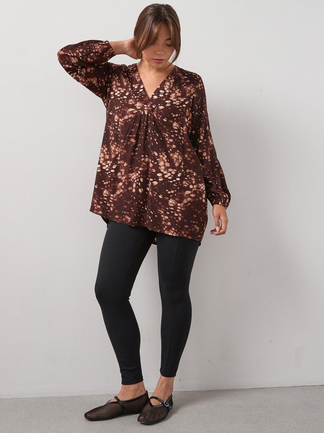 V by Very Curve: Printed Smock Longline Blouse - Chocolate