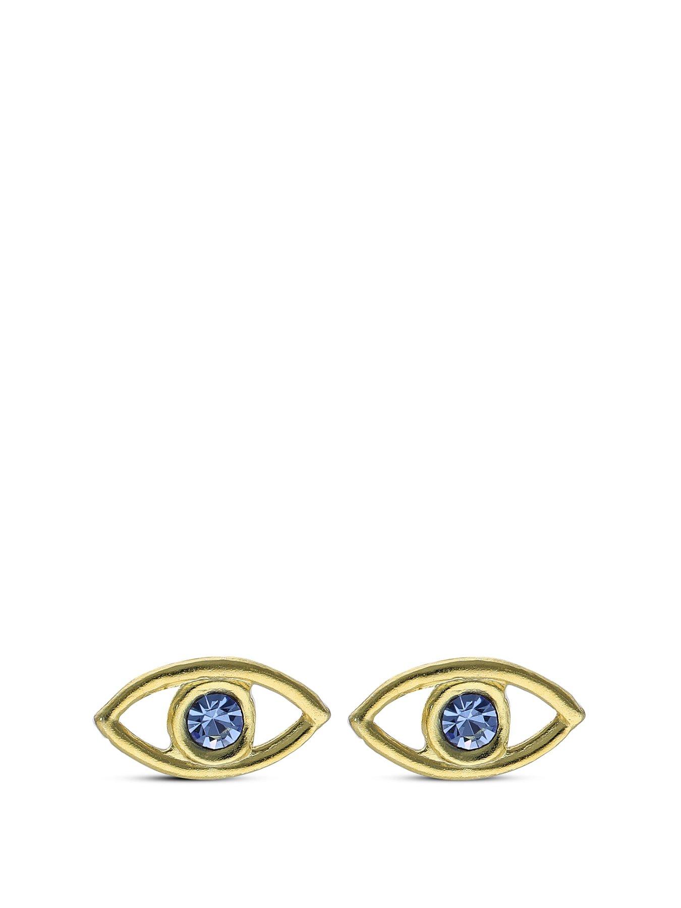 The Love Collection Sterling Silver Gold Plated Blue CZ Evil Eye Stud Earrings