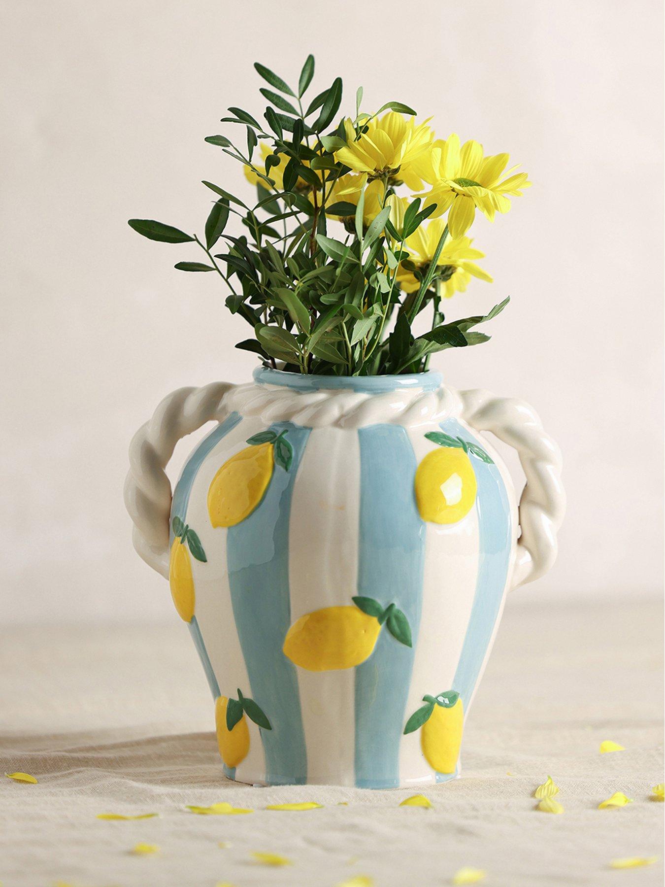 Product photograph of Hestia Striped Vase With Lemons And Rope Effect Handle from very.co.uk