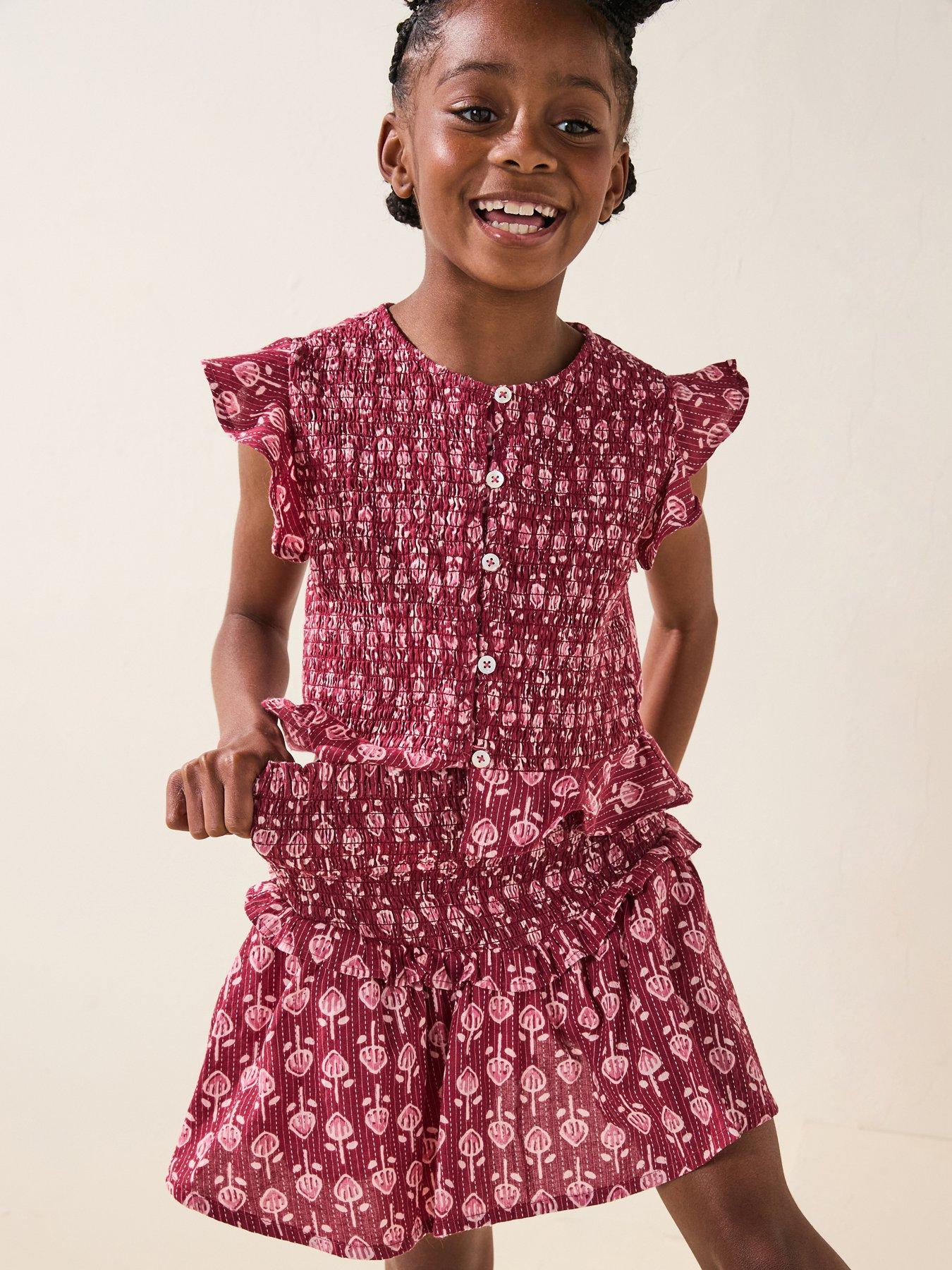 undefined Girls Shirred Bombai Printed Co-Ord Skirt - Red