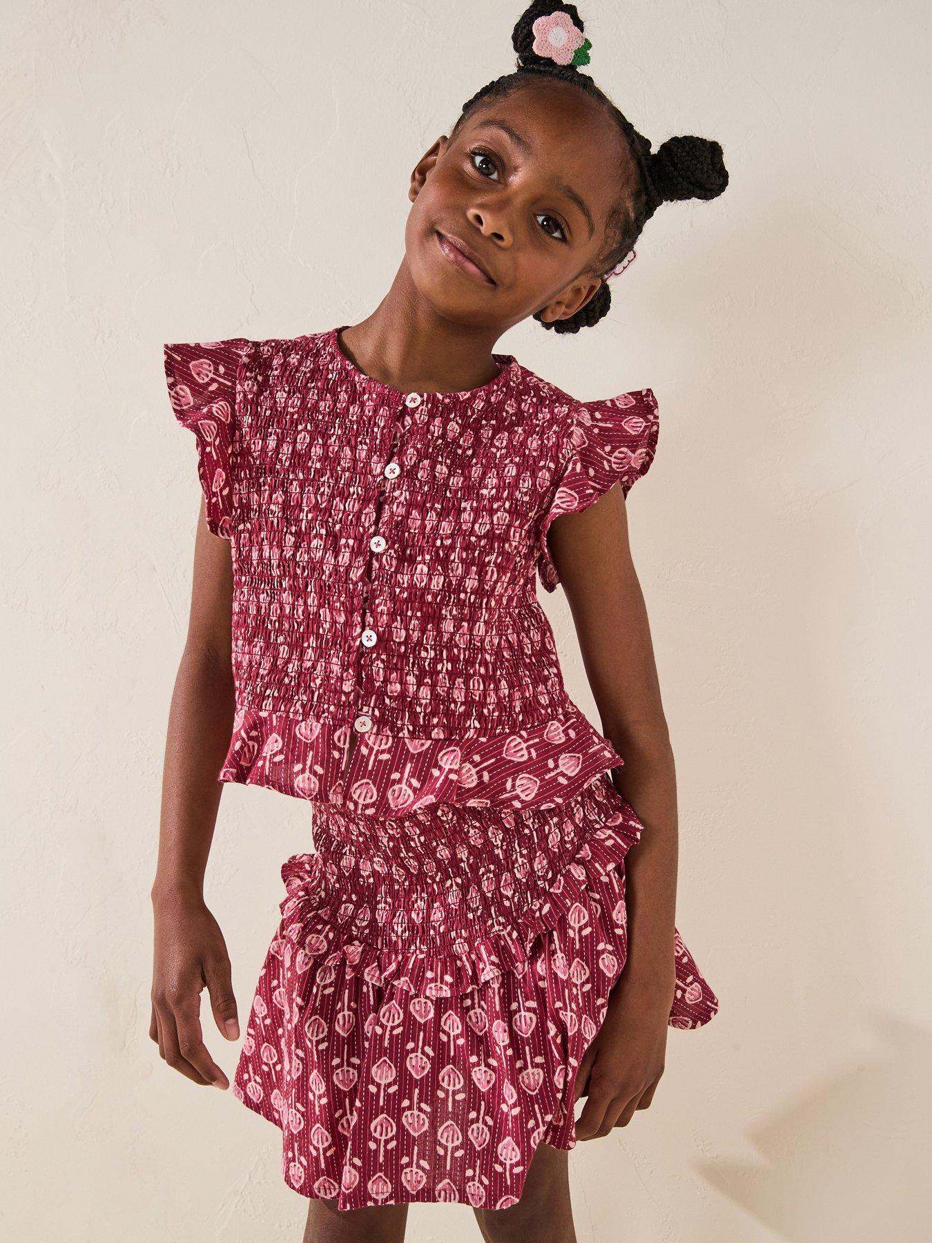 undefined Girls Shirred Bombai Co-Ord Blouse - Red