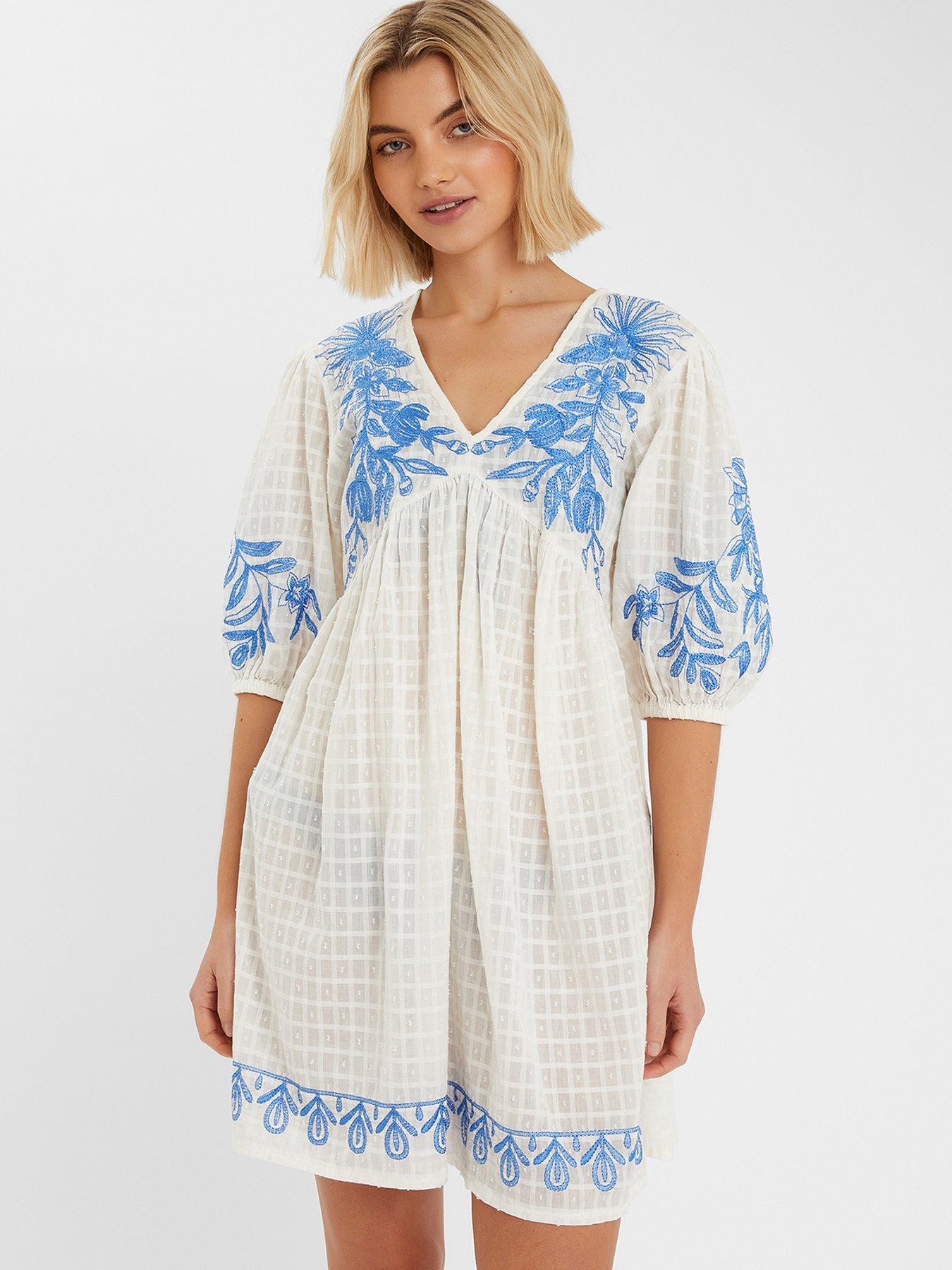 undefined Blue Embroided Cover Up - White
