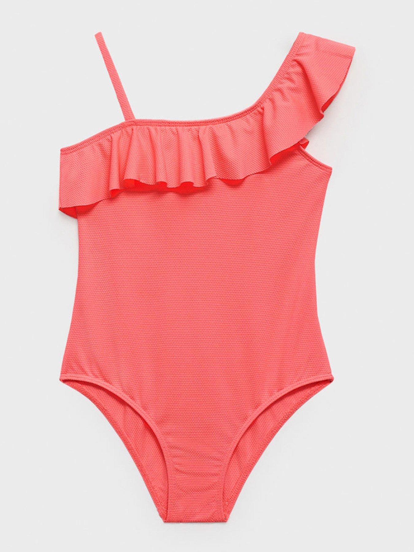 undefined Girls Frill One Shoulder Swimsuit - Orange