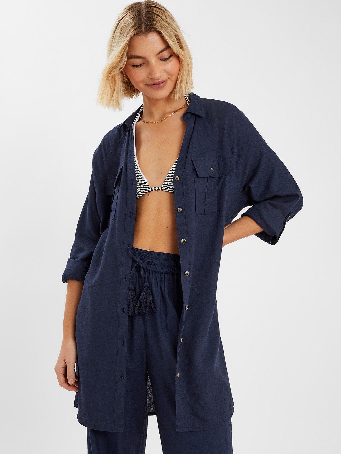 undefined Long Sleeve Beach Cover Up Shirt - Navy