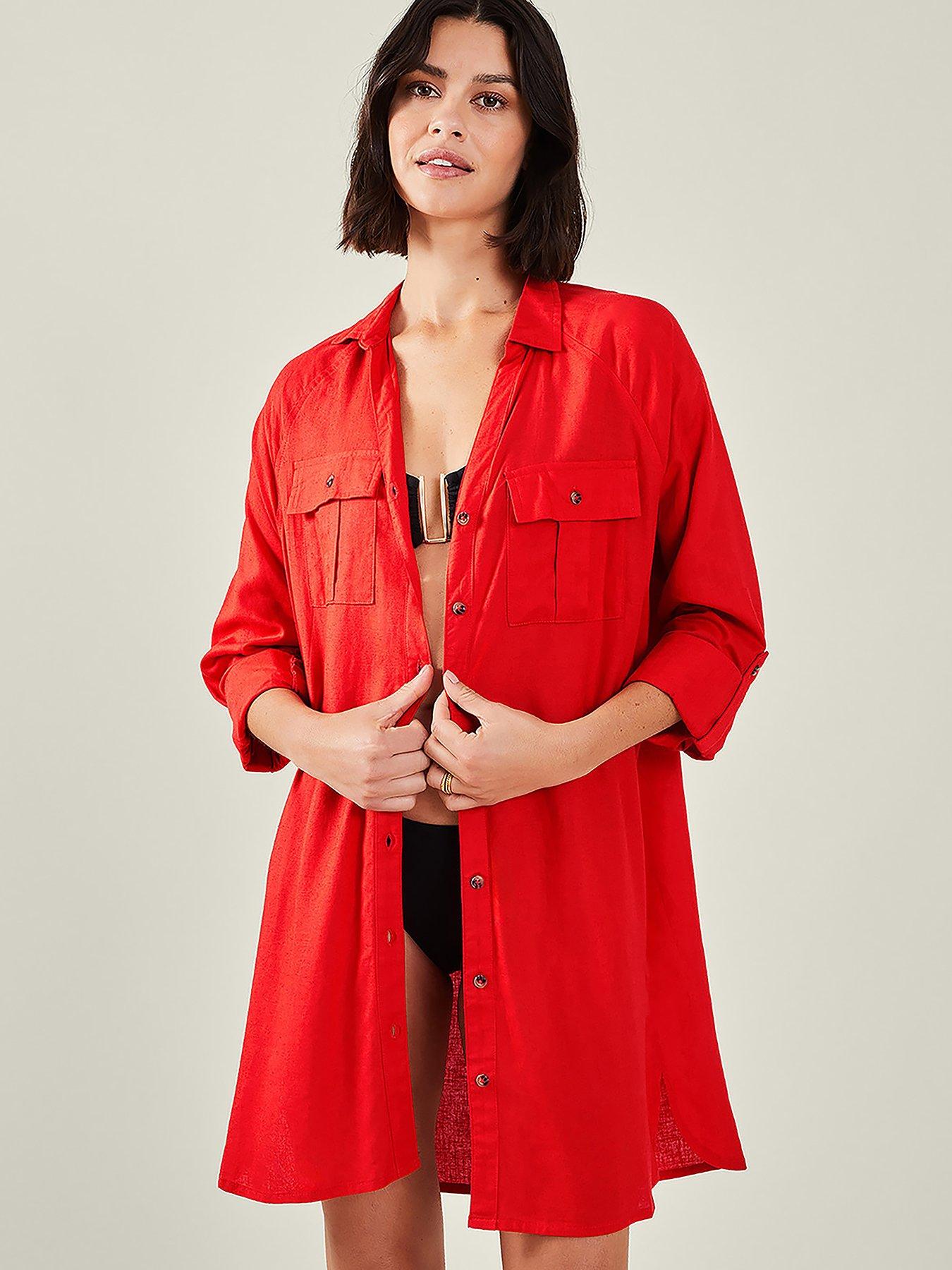 undefined Long Sleeve Beach Cover Up Shirt - Red