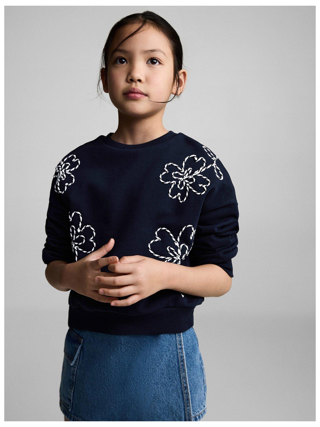 undefined Girls Flower Embroidered Sweatshirt - Navy