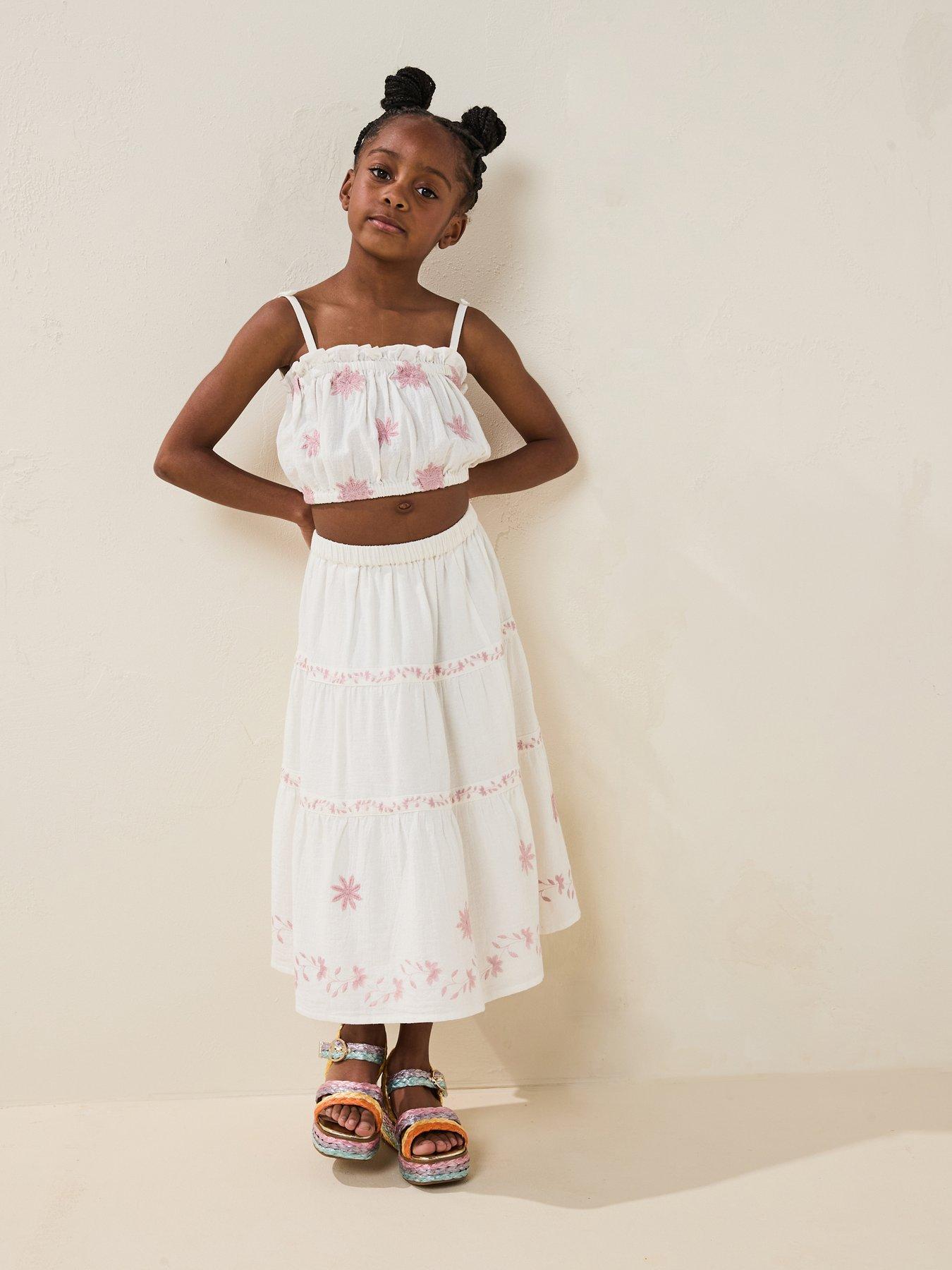 undefined Girls Scarlett Embroidred Co-Ord Midi Skirt - Cream