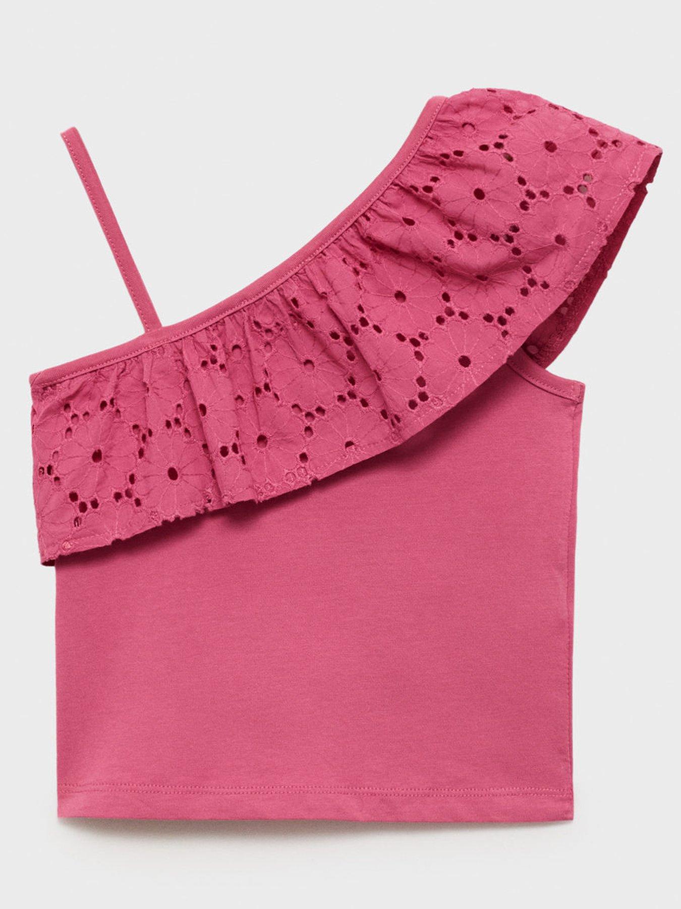 undefined Girls One Shoulder Frill Top - Dark Pink