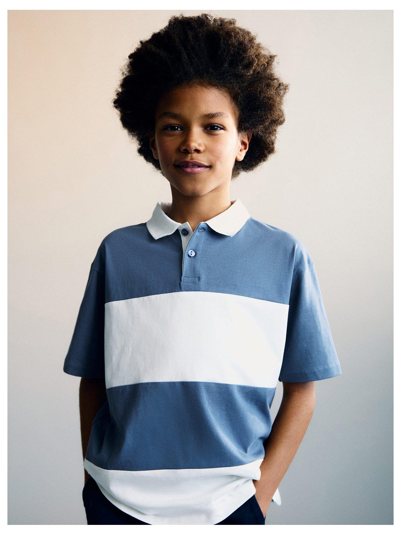 undefined Boys Block Stripe Short Sleeve Polo Shirt - Blue