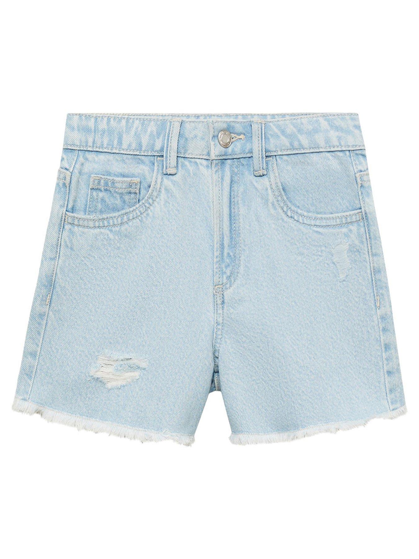 Mango Girls Distressed Denim Shorts Light Blue Very