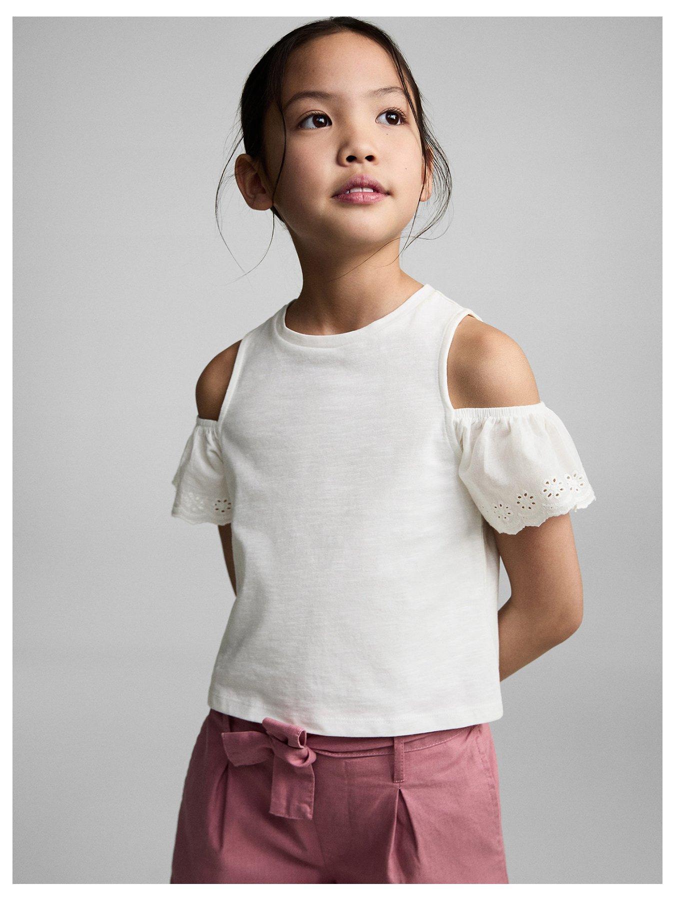 undefined Girls Frill Cold Shoulder Tshirt - Light Cream