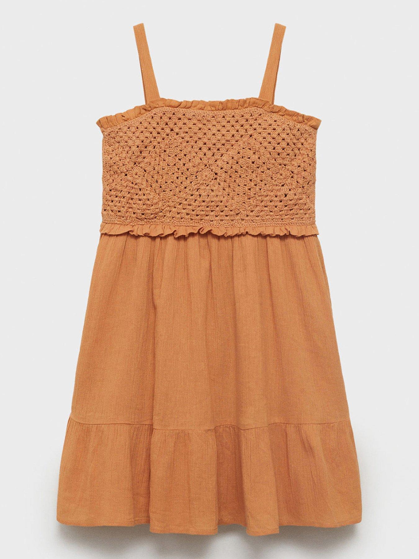 undefined Girls Crochet Bodice Strappy Dress - Orange